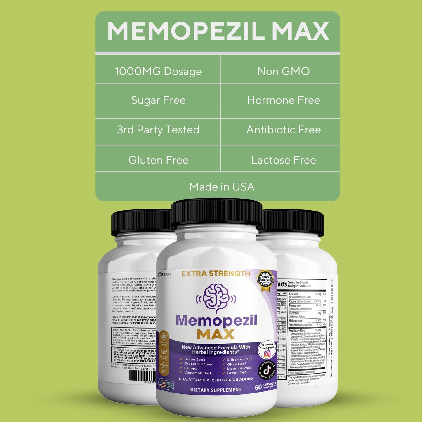 GREENVIFY Memopezil MAX Brain Supplement Capsules, 60 Capsules