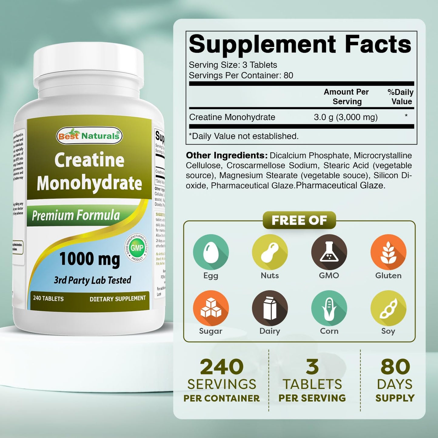 Best Naturals Creatine Monohydrate 1000 mg Tablet, 240 Tablets