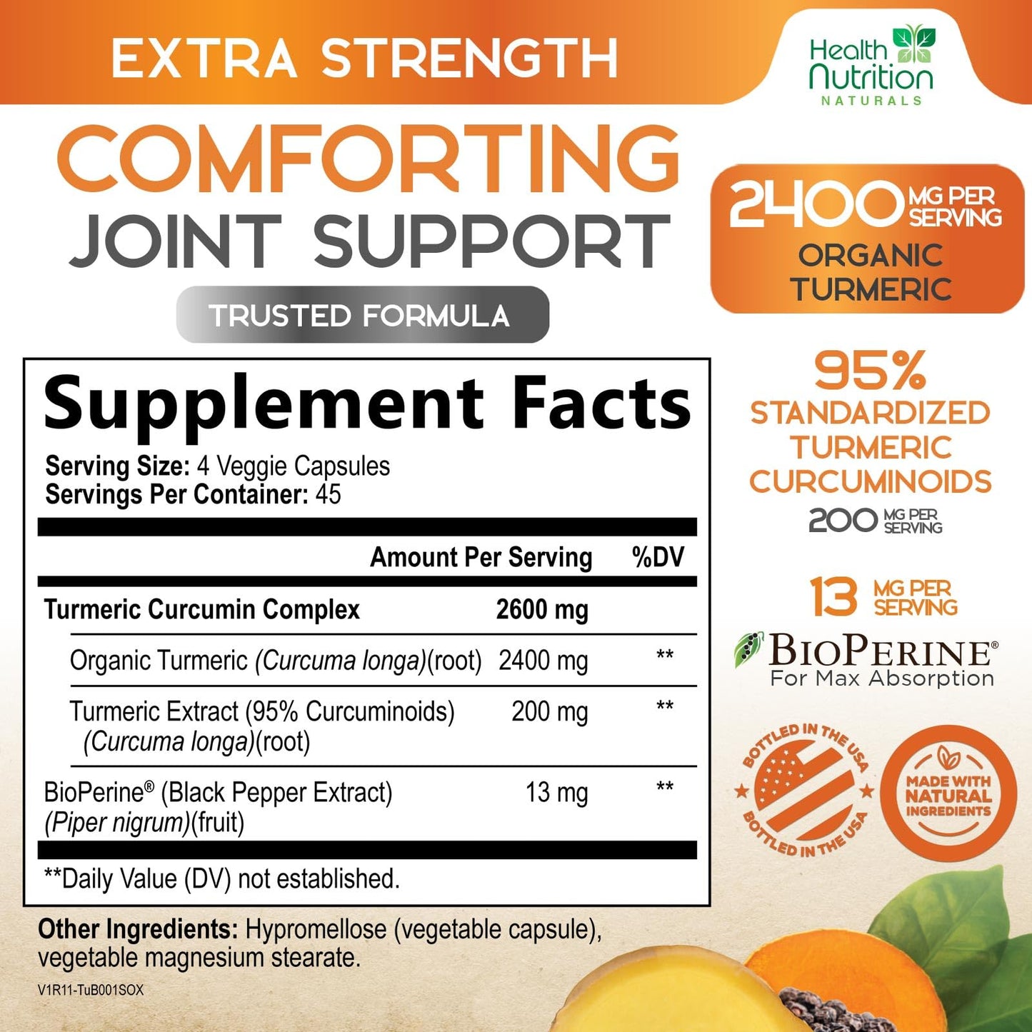 Health Nutrition Naturals Turmeric Curcumin Supplement 2600mg - 95% Curcuminoids with Organic Turmeric & BioPerine Black Pepper for Best Absorption, Non-GMO, 180 Capsules