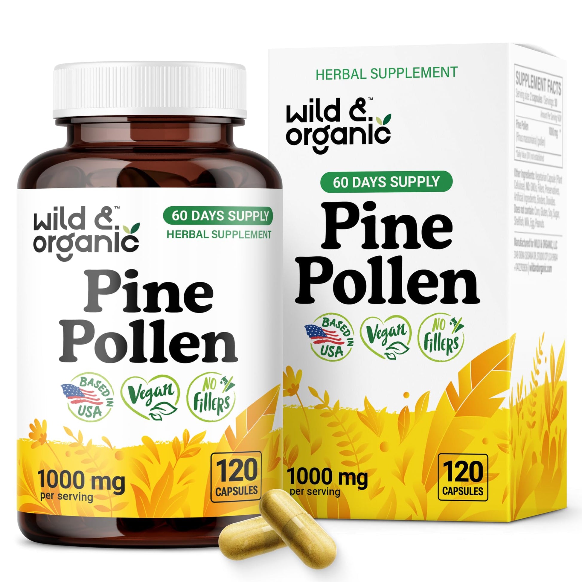 Wild & Organic Pine Pollen for Men Capsules 1000 mg, 120 Count