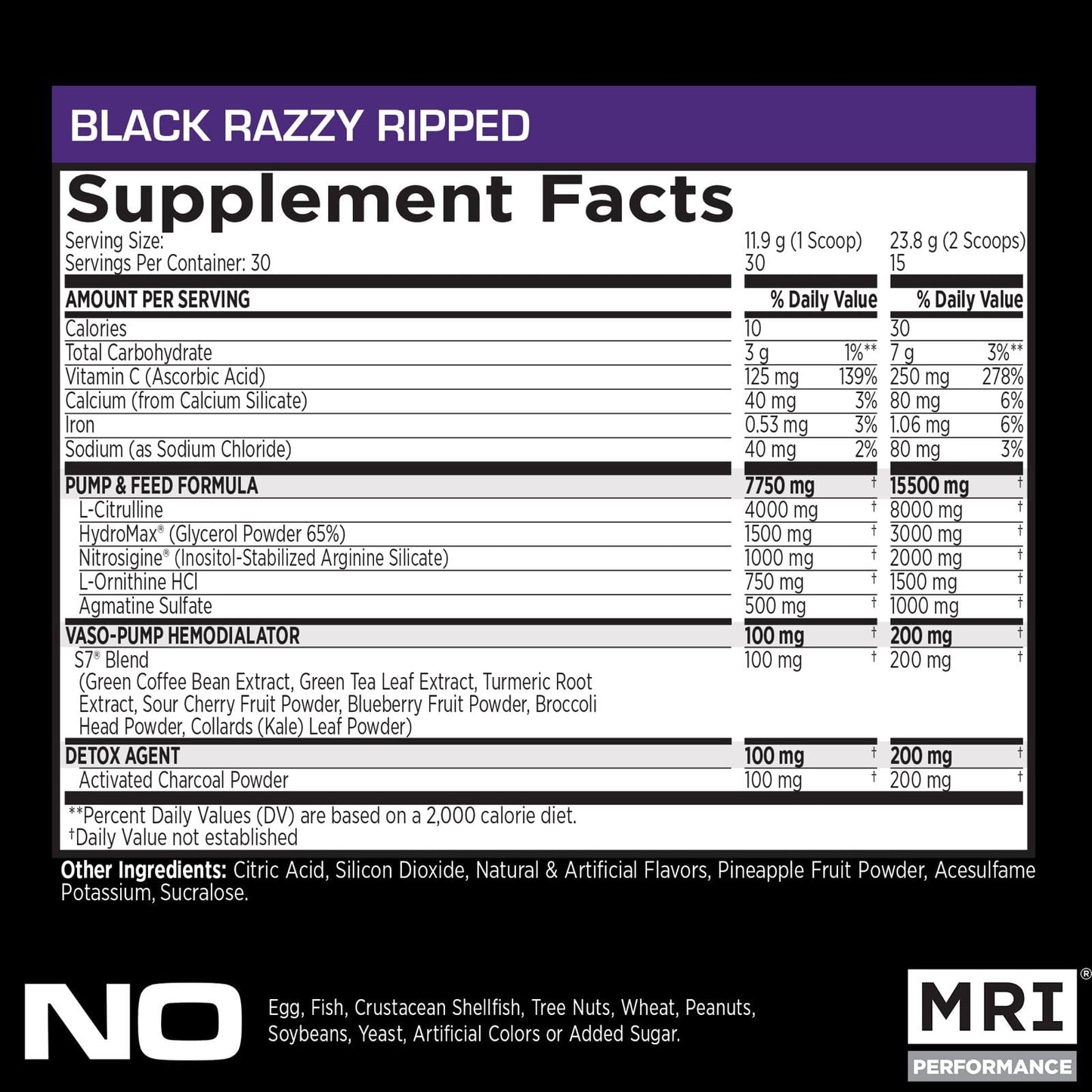 MRI NO2 Black Nitric Oxide, Pump & Muscle, Stim-Free (Black Razzy Ripped) Powder, 12.59 Ounce
