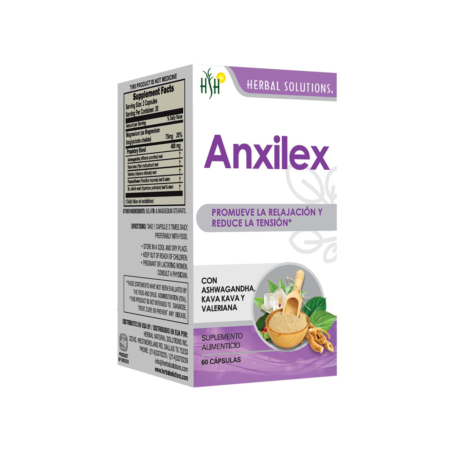 Herbal Solutions Health Anxilex Natural Calming Nervous System Nutrition & Mental Wellness Supplement - Kava Kava with Valerian Root Capsules, 60 Vegan Capsules