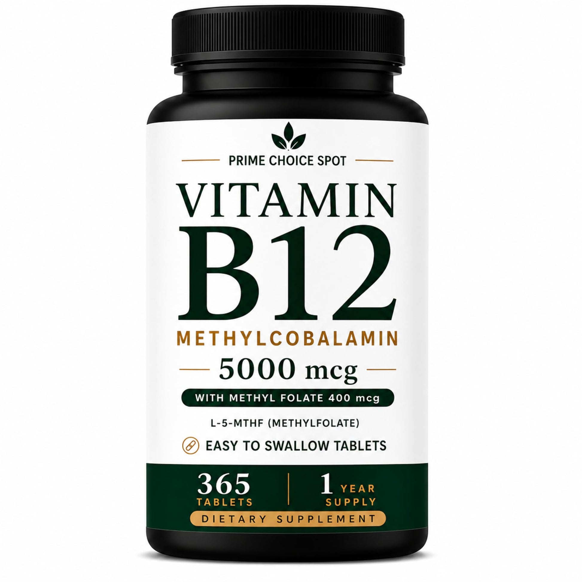 Prime Choice Spot LLC Vitamin B12 5000mcg with Methyl Folate, Methylcobalamin Tablets, 365 Tablets