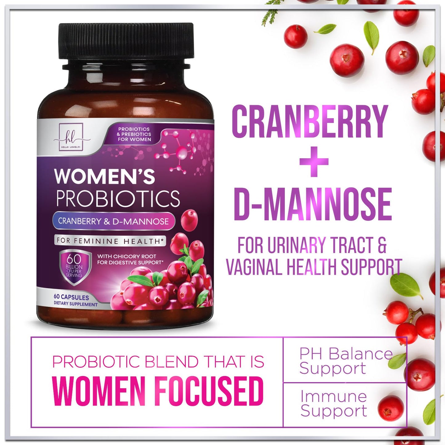 Hello Lovely! Probiotics for Women - Prebiotic and Probiotic Blend 60 Billion CFU Per Serving - 16 Strain Women's Probiotic for pH Balance & Vaginal Support - Digestive & Immune Support, Capsule, 60 Count