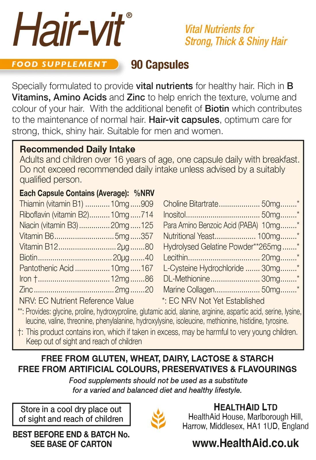 HealthAid Hair-VIT Hair Support Supplement Capsules, 90 Capsules
