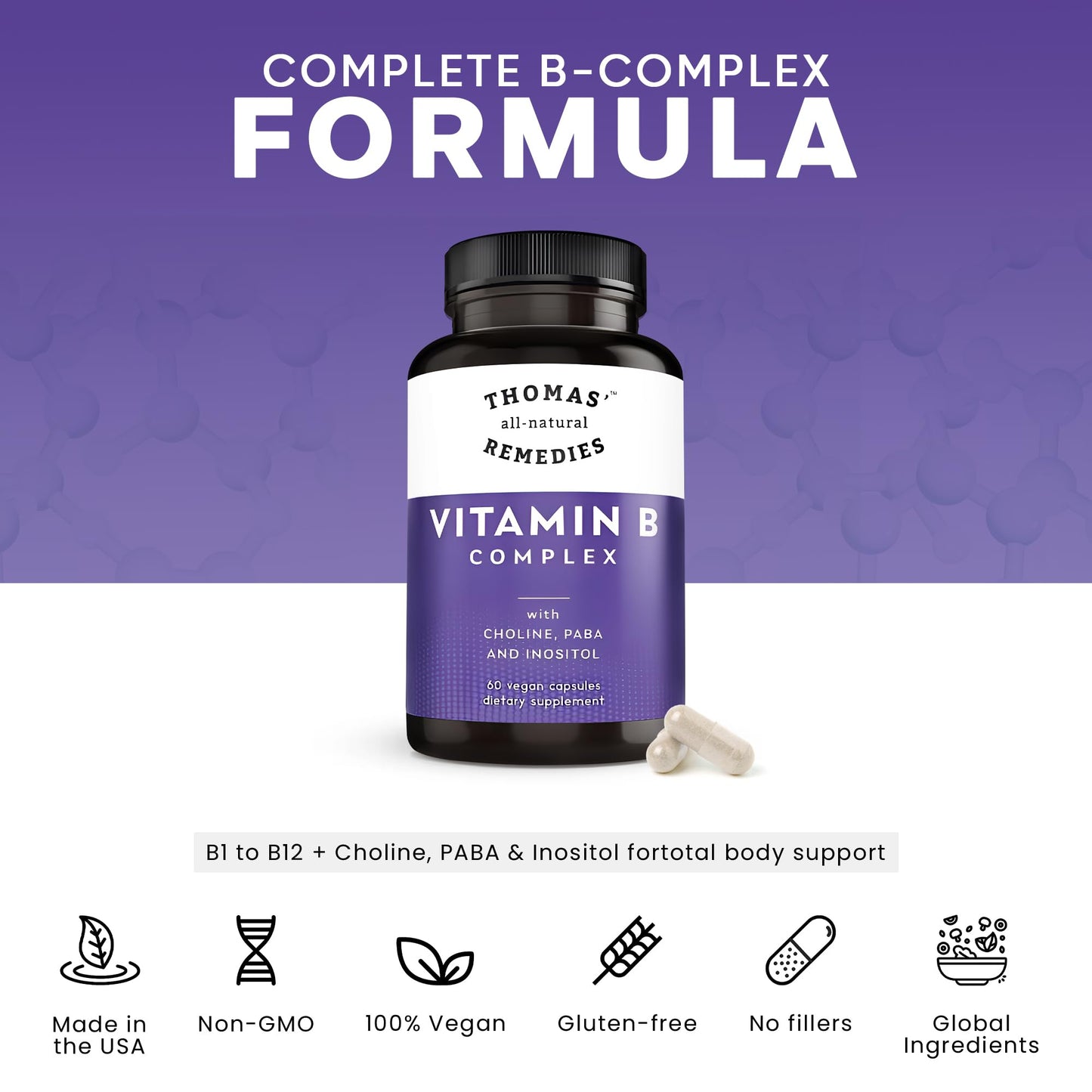 Thomas' all-natural Remedies Vitamin B Complex Supplement with Methyl B12 & Methyl Folate Capsules, 60 Count