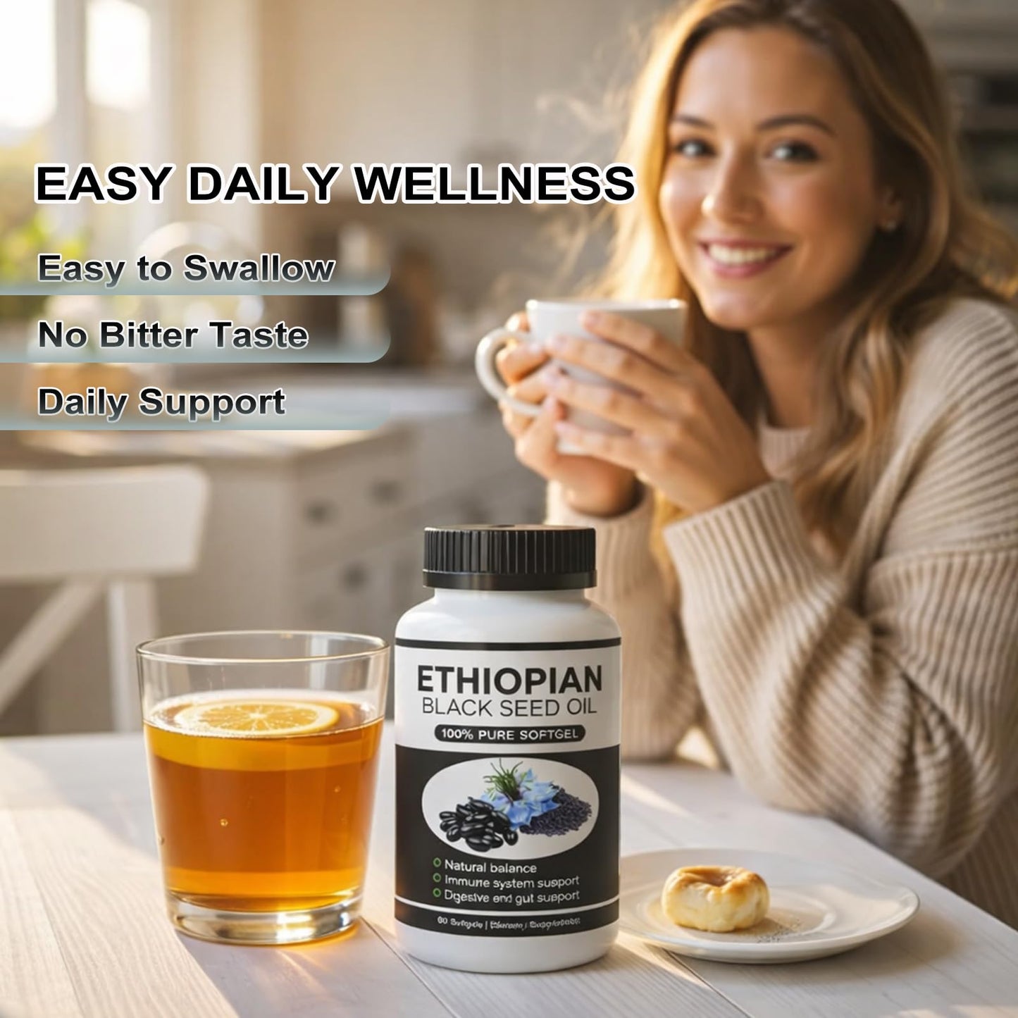 GraviGlow Ethiopian Black Seed Oil Softgels with 4.64% Thymoquinone, Organic Cold-Pressed Black Cumin Seed Oil, 1 Count