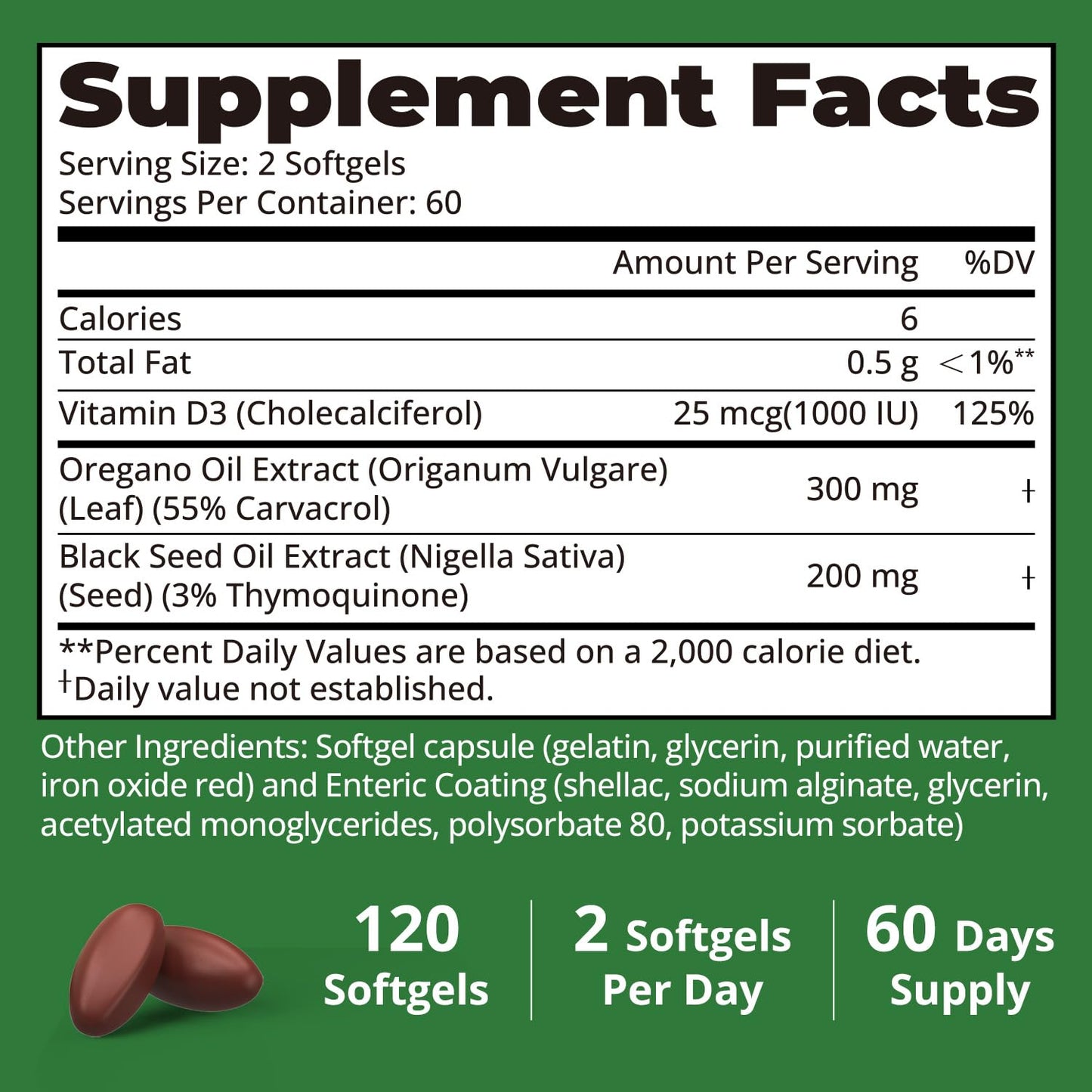 HojaSana Oregano Oil with Black Seed Oil Vitamin D3 3-in-1 Enteric Coated Softgels, 120 Count