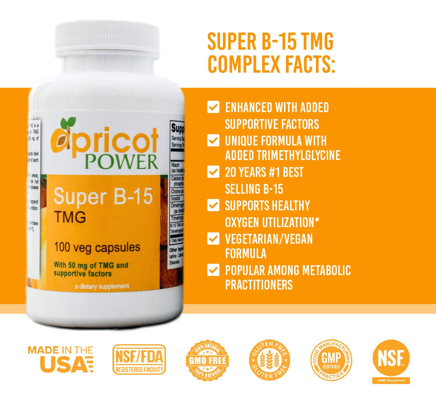 Apricot Power Super B-15 Non Toxic Pangamic Acid - Health Oxygen Levels & Energy Capsules, 100 Count