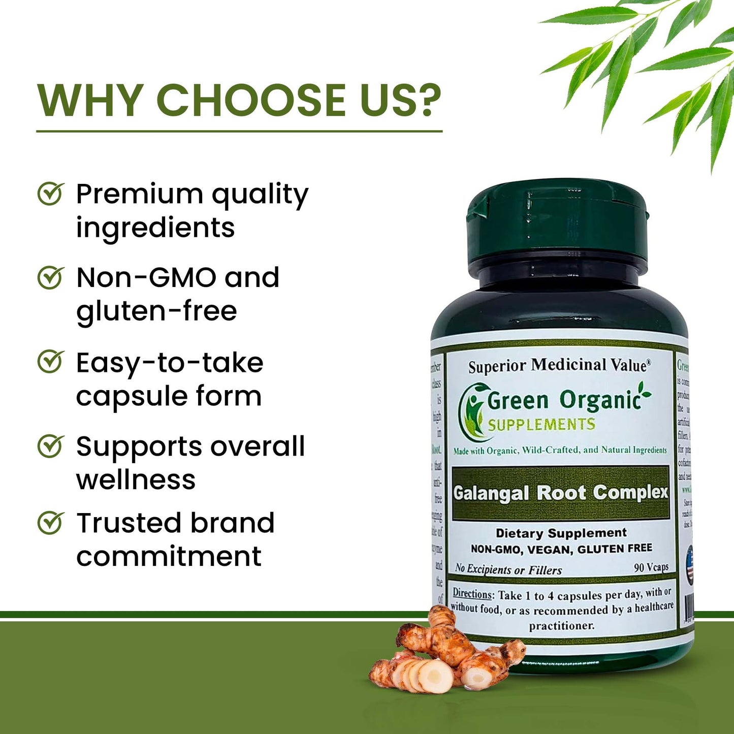 Green Organic Supplements Galangal, Galangin Capsules, 90 Count