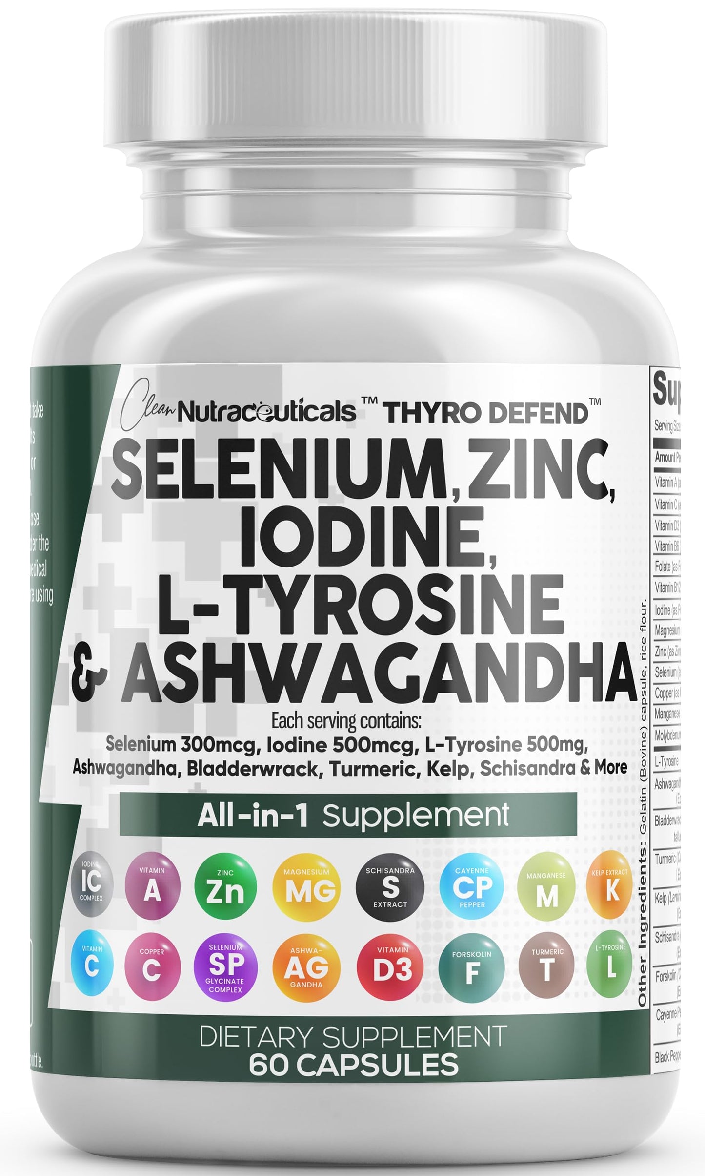 Clean Nutraceuticals Selenium 300mcg Iodine 500mcg Thyroid Support Capsules, 60 Count
