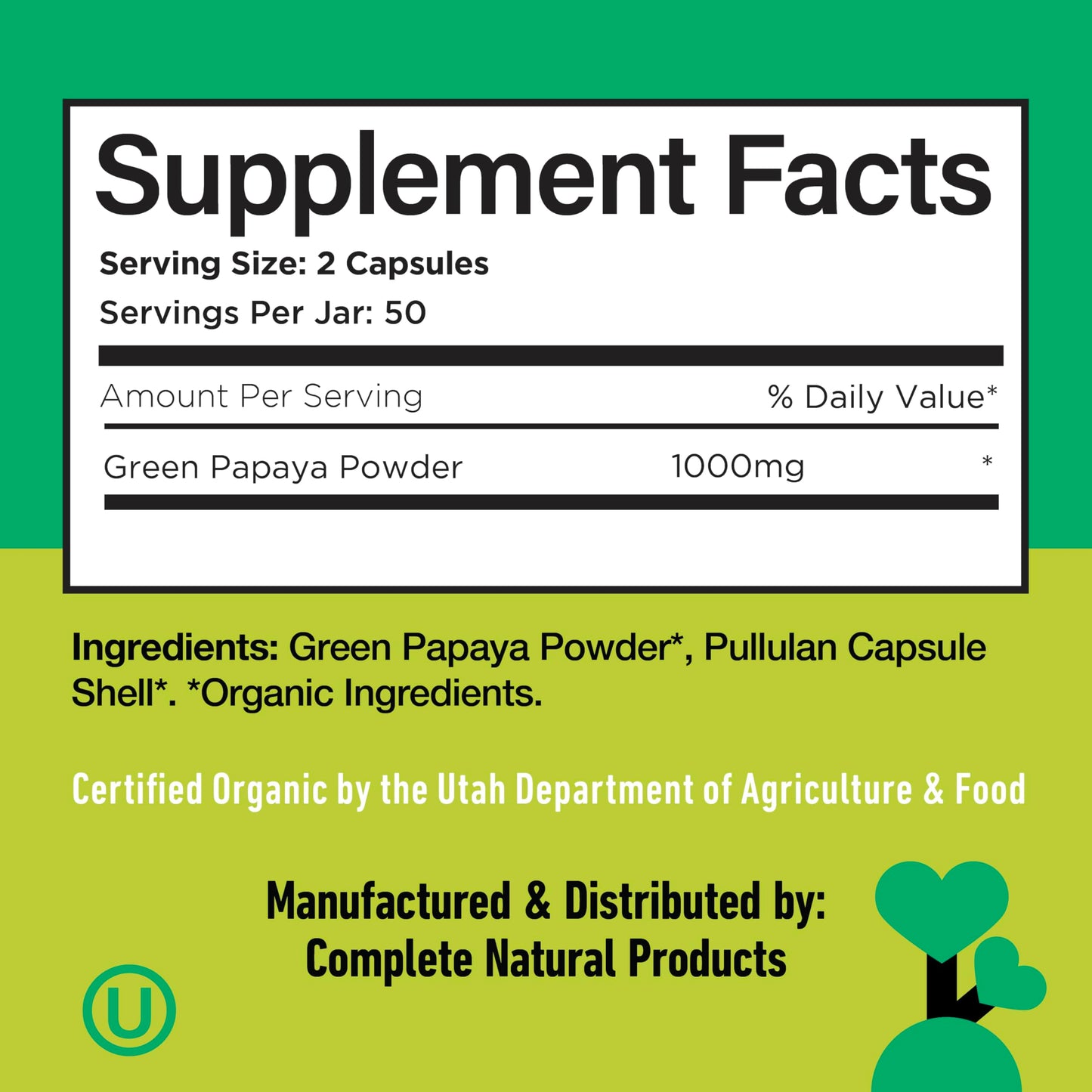 Complete Natural Products Organic Green Papaya Capsules 500mg, 100 Count