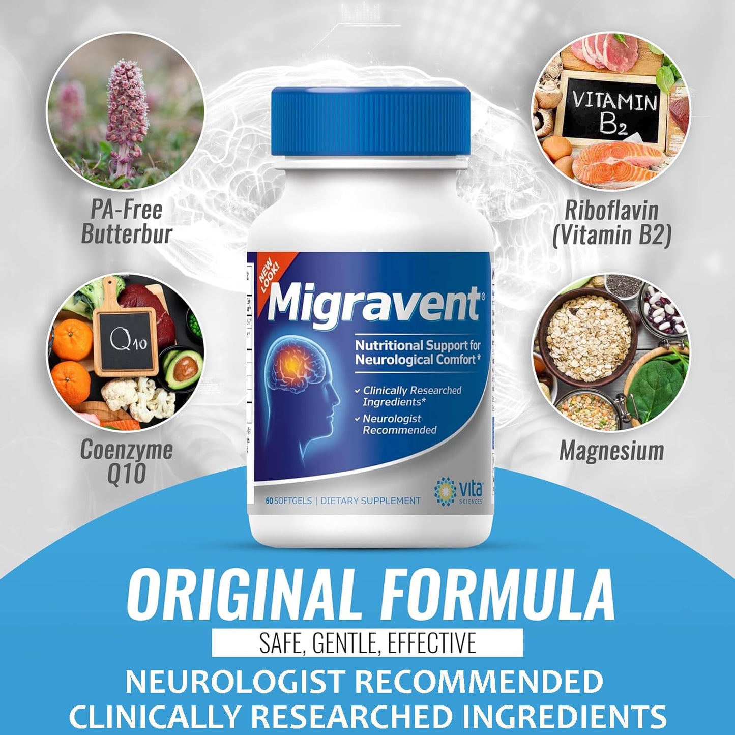 Vita Sciences Migravent Advanced Nutritional Formula with Magnesium, CoQ10, Vitamin B2, and Butterbur for Brain and Circulatory Wellness Softgels 60