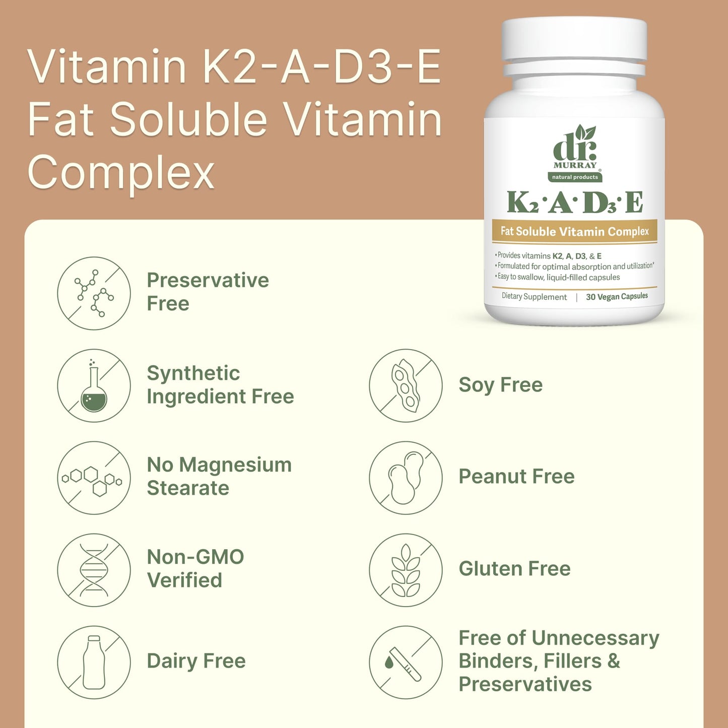 Dr. Murray Natural Products Vitamin K2-D3-A-E Liquid Vegan Capsules, 30 Count