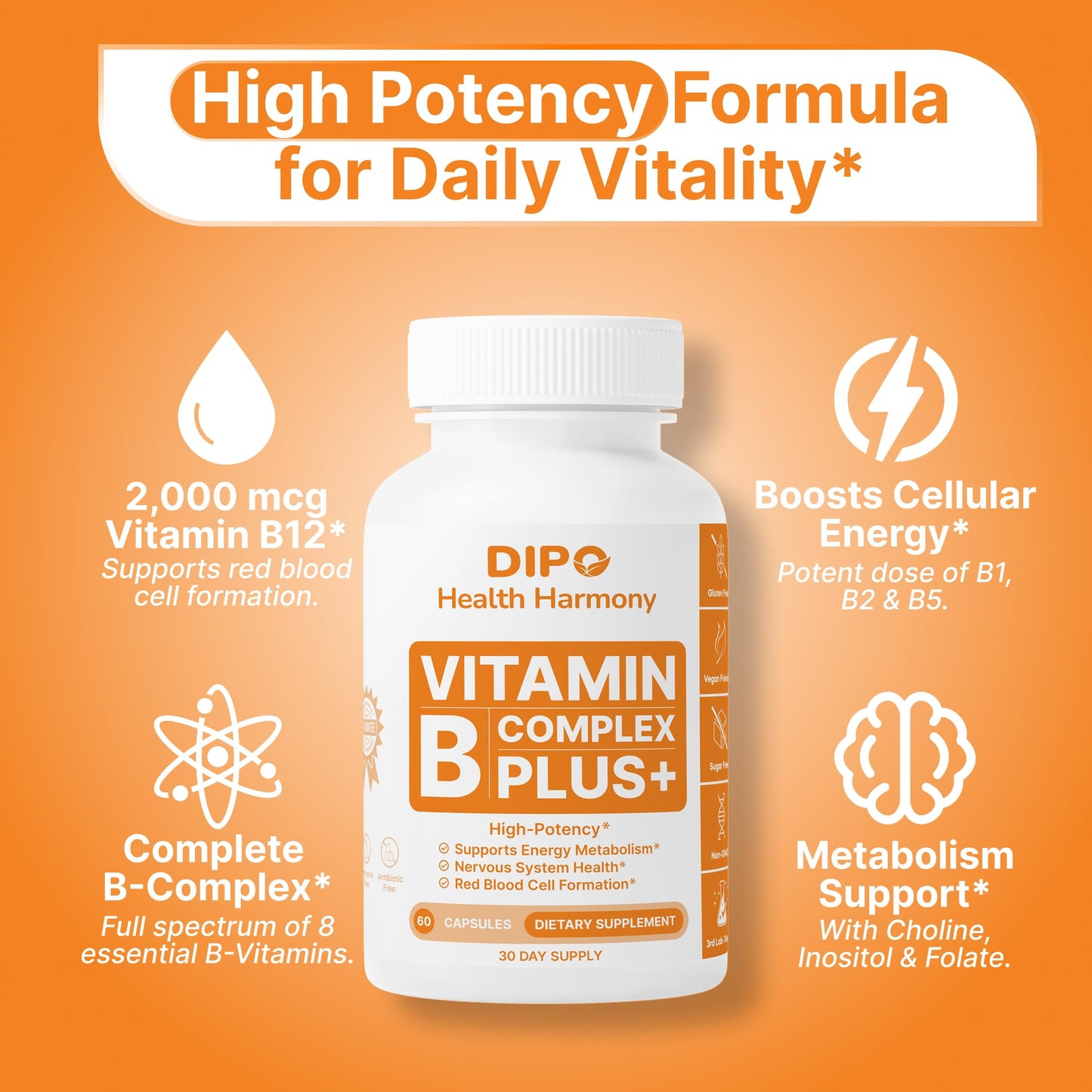 DIPO HEALTH HARMONY B-12 Complex Plus 2000mcg - Essential B Vitamins, Inositol & Choline - Hair Skin and Nails Vitamin - Supports Energy Metabolism & Brain Function - Vegan, 60 Capsules