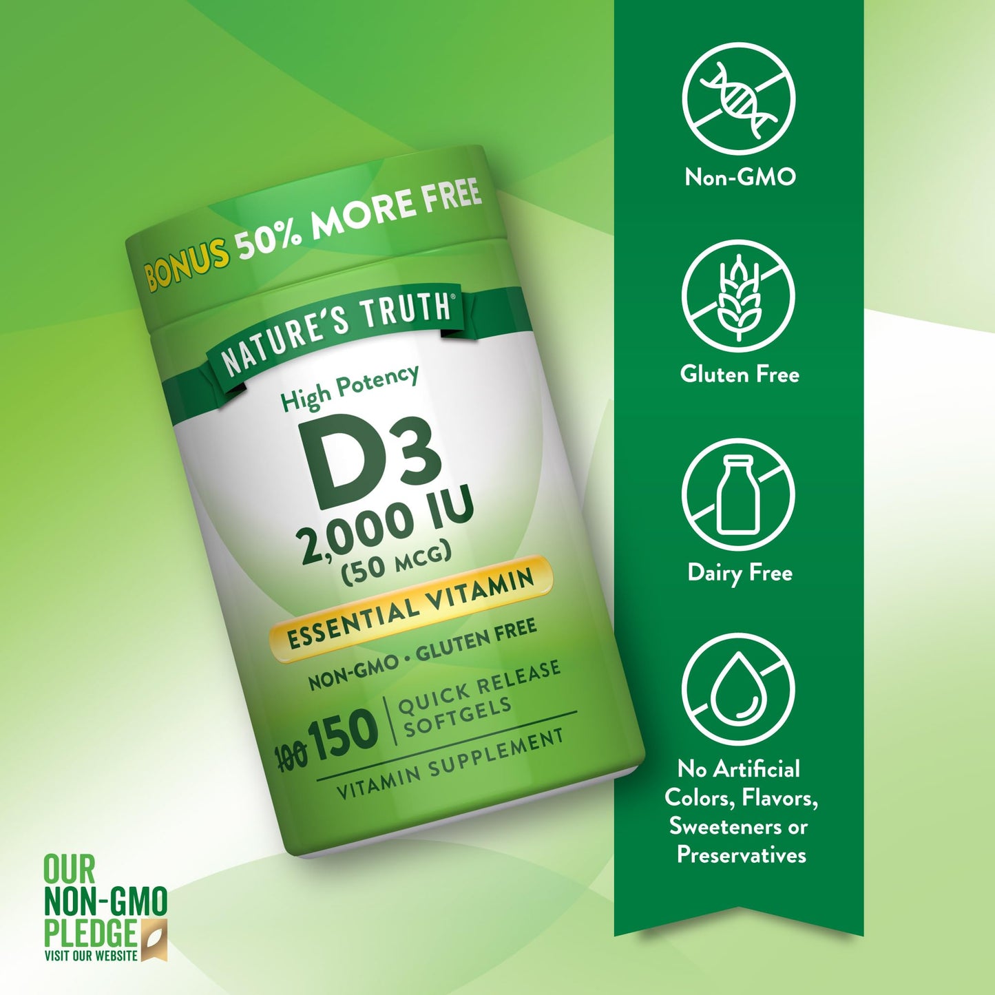 Nature's Truth Vitamin D3 2000 IU Softgels, 150 Count