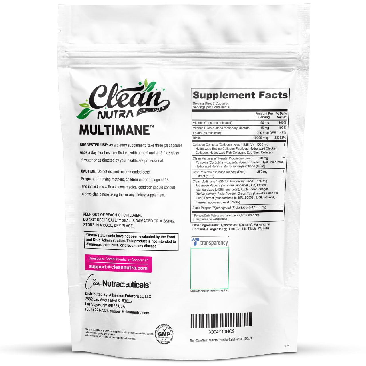 Clean Nutraceuticals Multimane Collagen Biotin Keratin Hyaluronic Acid Saw Palmetto Pumpkin Japanese Pagoda Apple Cider Vinegar Green Tea Black Pepper Folate Hair Skin Nails Formula Capsules 120 Count
