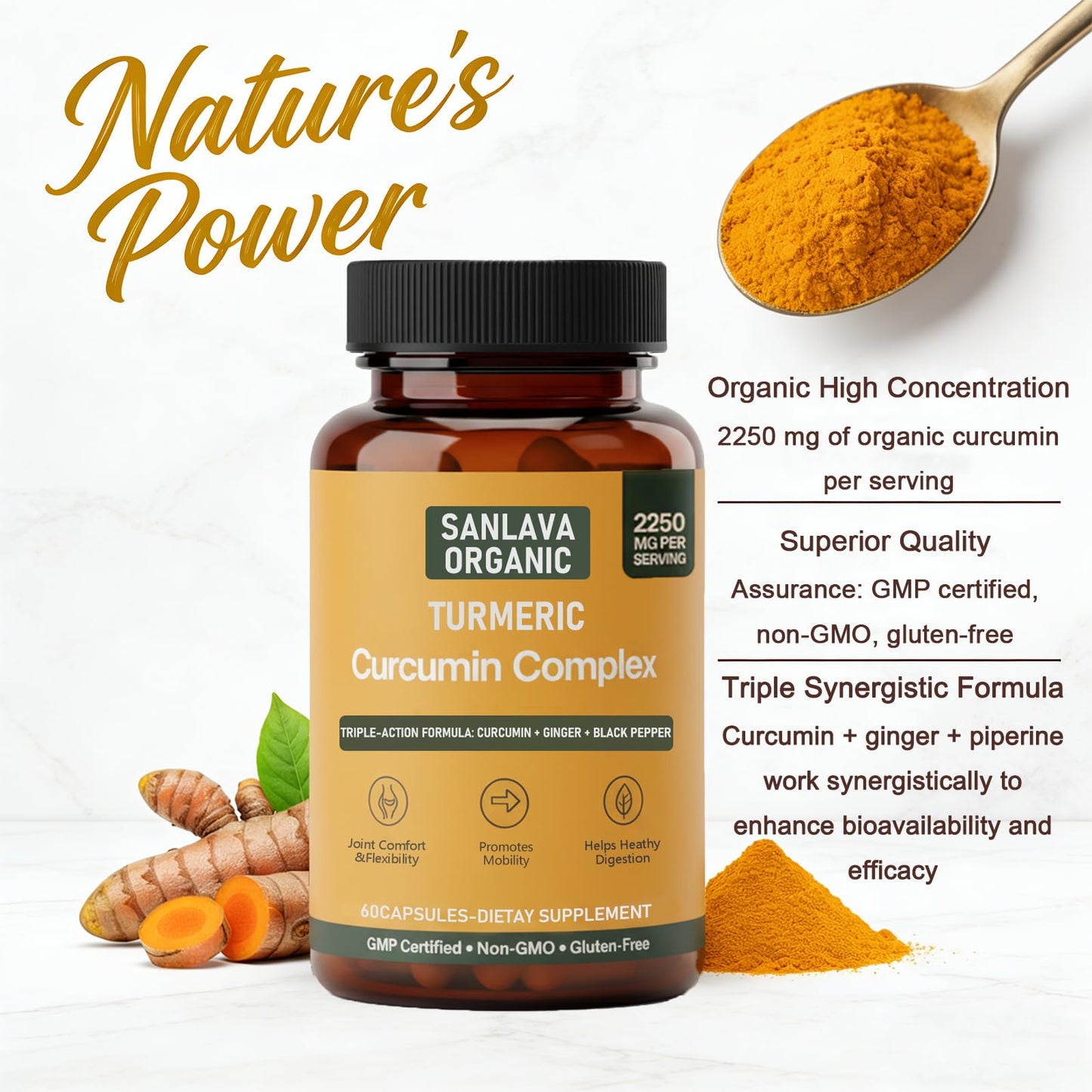 Sanlava Organic Turmeric 3 in 1, Curcumin Ginger Black Pepper, 60 Capsules
