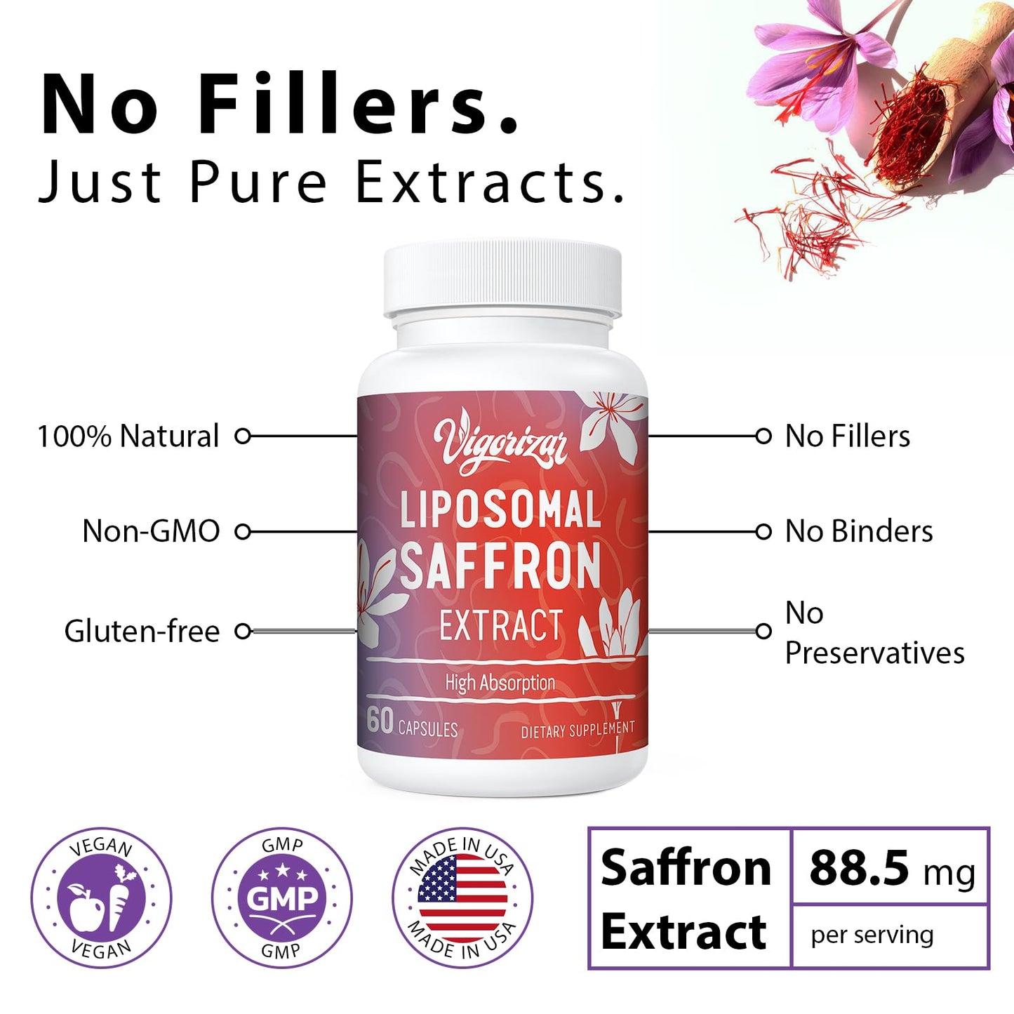Vigorizar Saffron Supplements 100% Pure Saffron Extract Liposomal Capsules 120