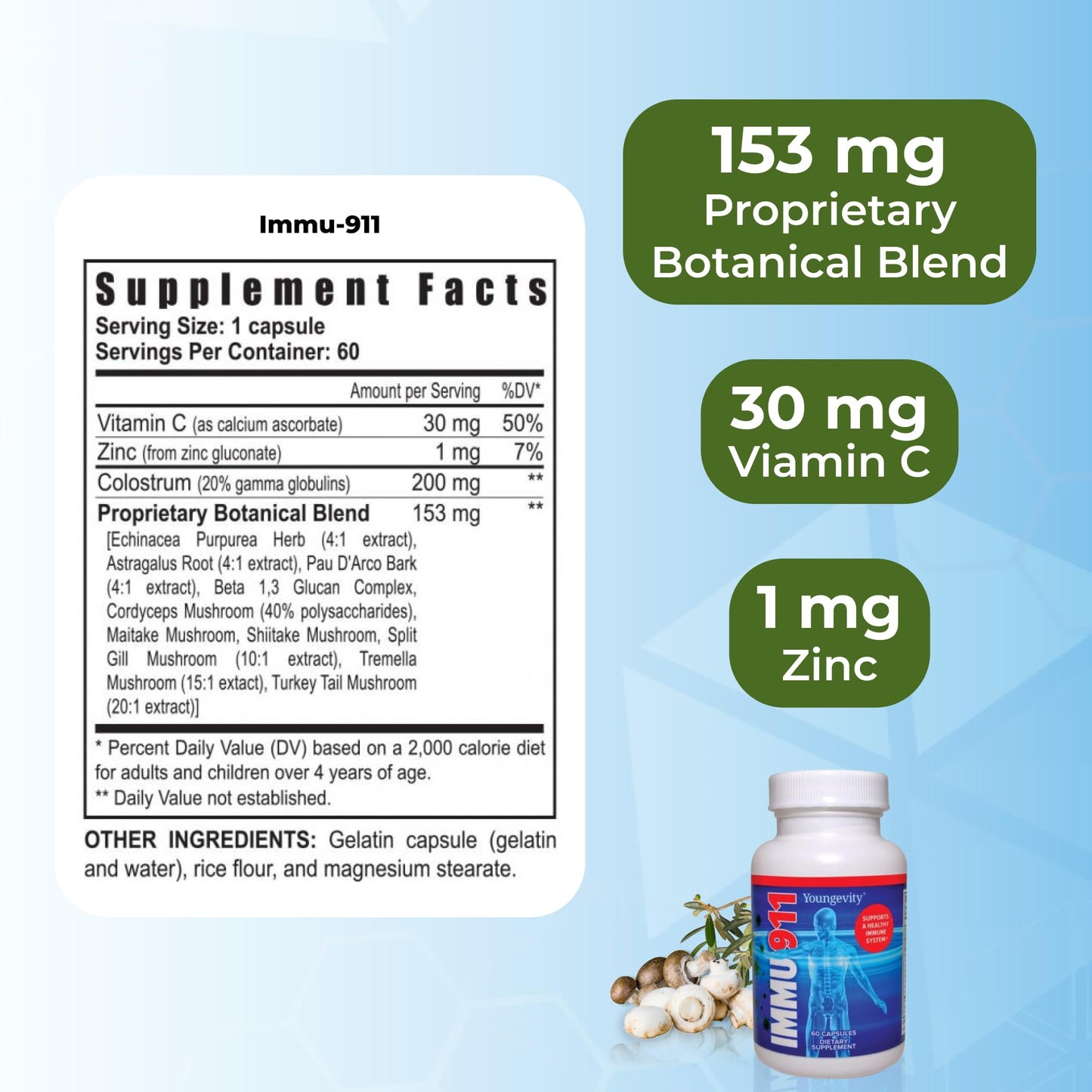 Youngevity Immu-911™ Advanced Immune - Colostrum, Vitamin C, Zinc, Echinacea, Astragalus, PAU D'Arco Bark + 6 Mycelial Mass Mushrooms for Immune Defense and Boost, 60 Capsules
