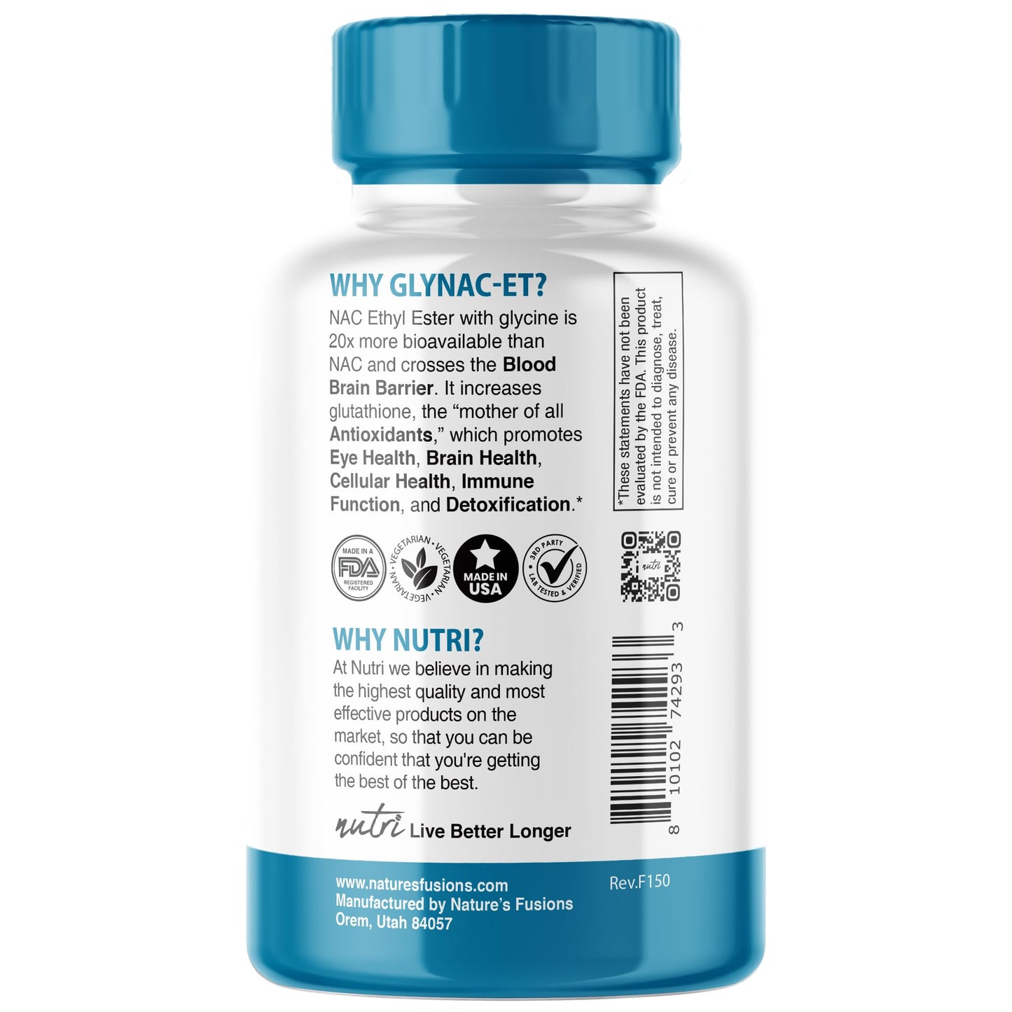 Nature's Fusions Nutri NAC Ethyl Ester + Glycine - Extra Strength 375mg NACET with Selenium 60 Capsules