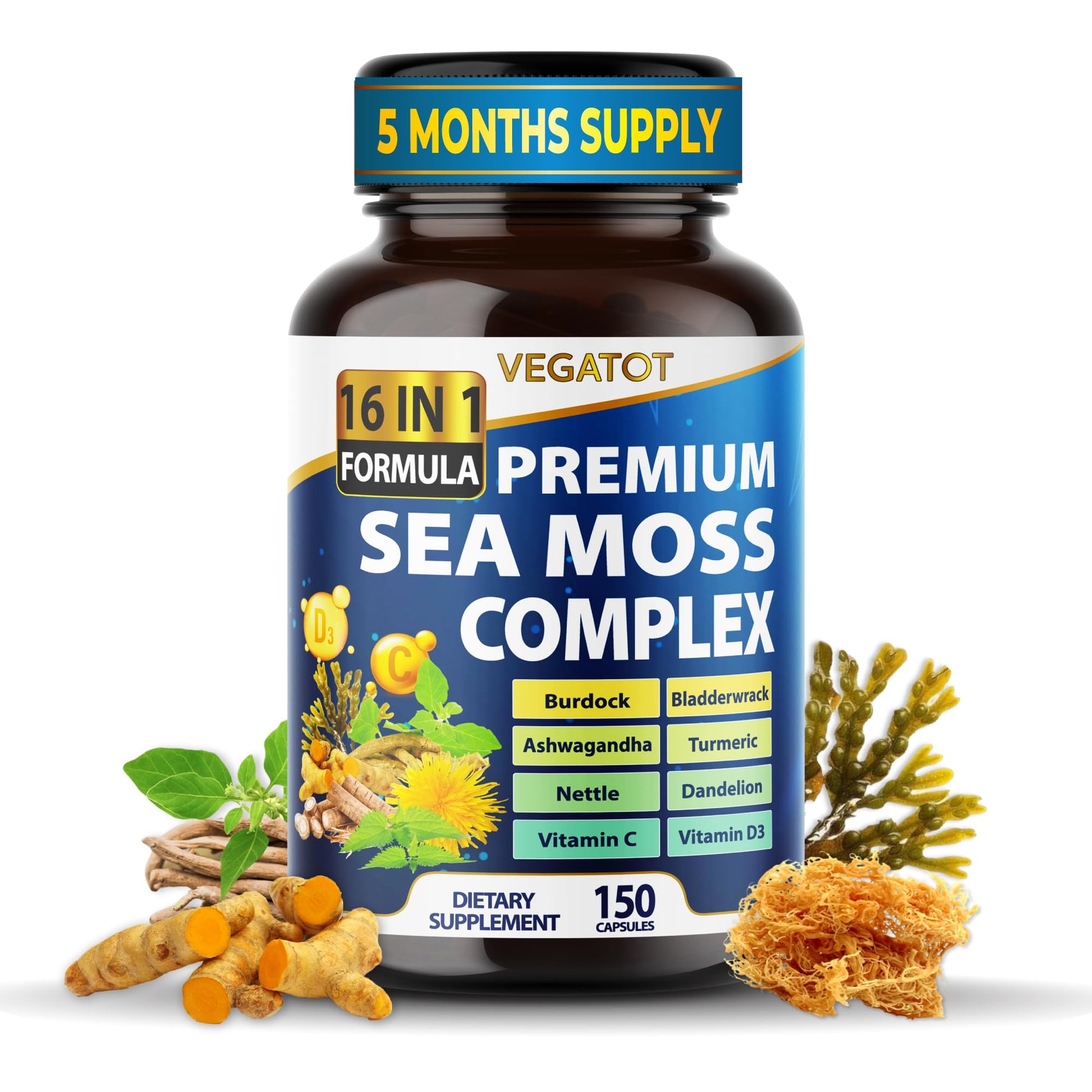 VEGATOT Organic Sea Moss with Bladderwrack, Burdock, Ashwagandha, and Turmeric Capsules, 150 Count