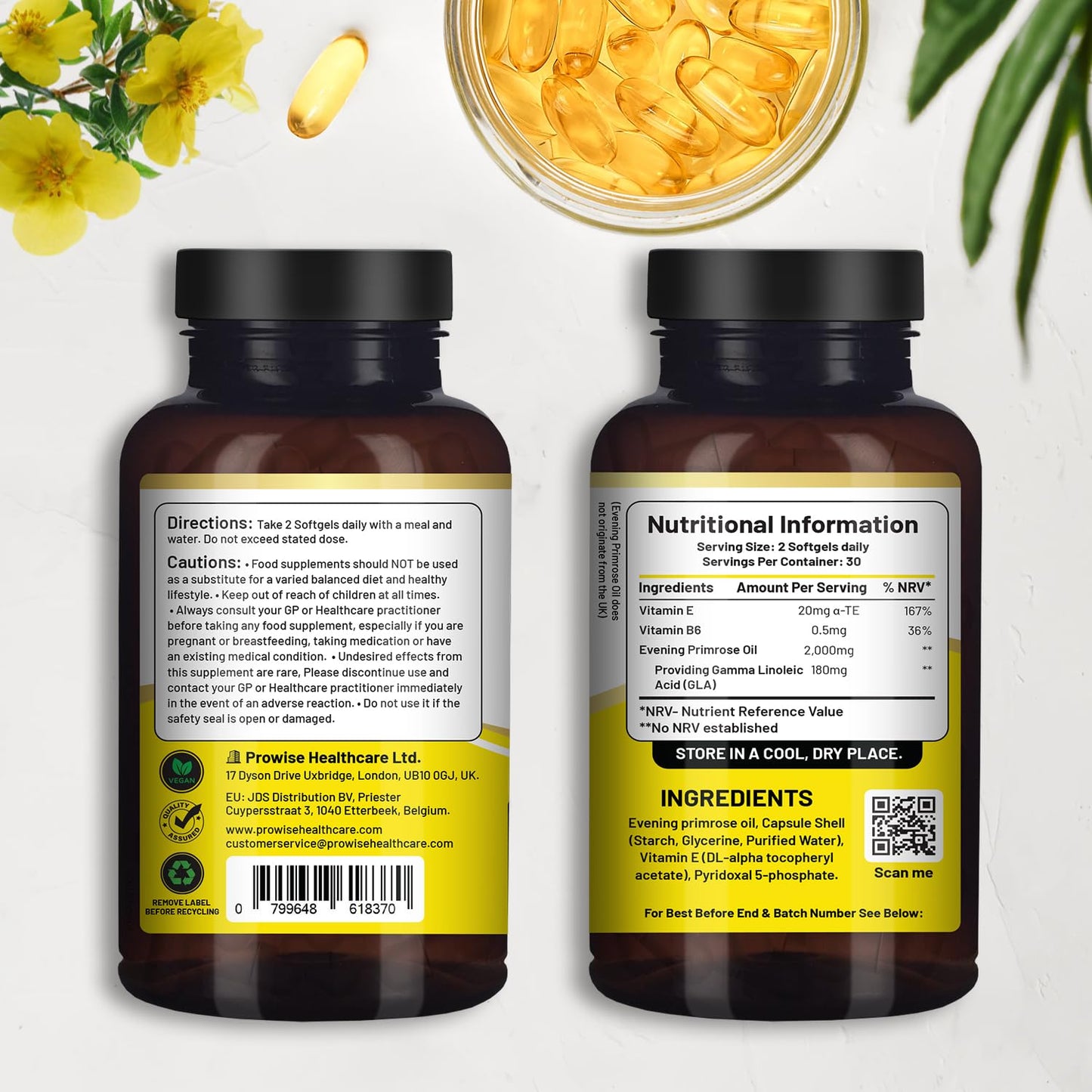 PH PROWISE Healthcare Vegan Evening Primrose Oil 2000mg with Vitamin E & B6 Softgels, 60 Count