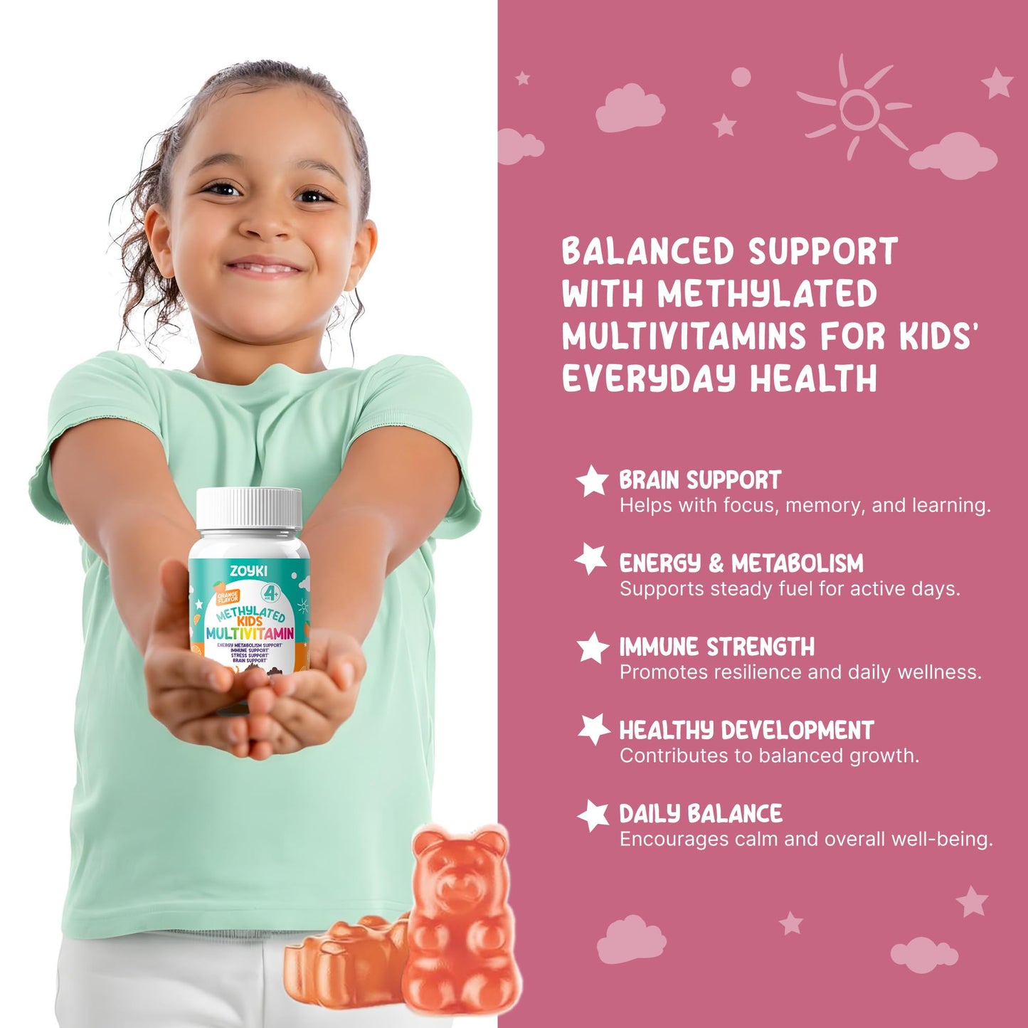 Zoyki Methylated Multivitamin Gummies for Kids with B Complex, 5-MTHF Folate (L-Methylfolate), 60 Count