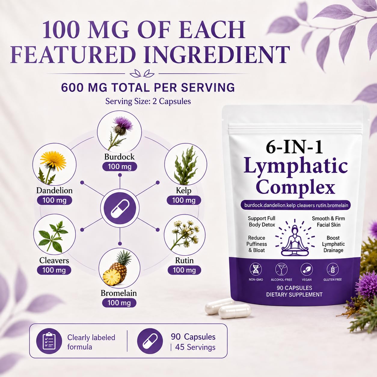 Lence 6-in-1 Lymphatic Complex Capsules, Botanical Blend, 90 Count