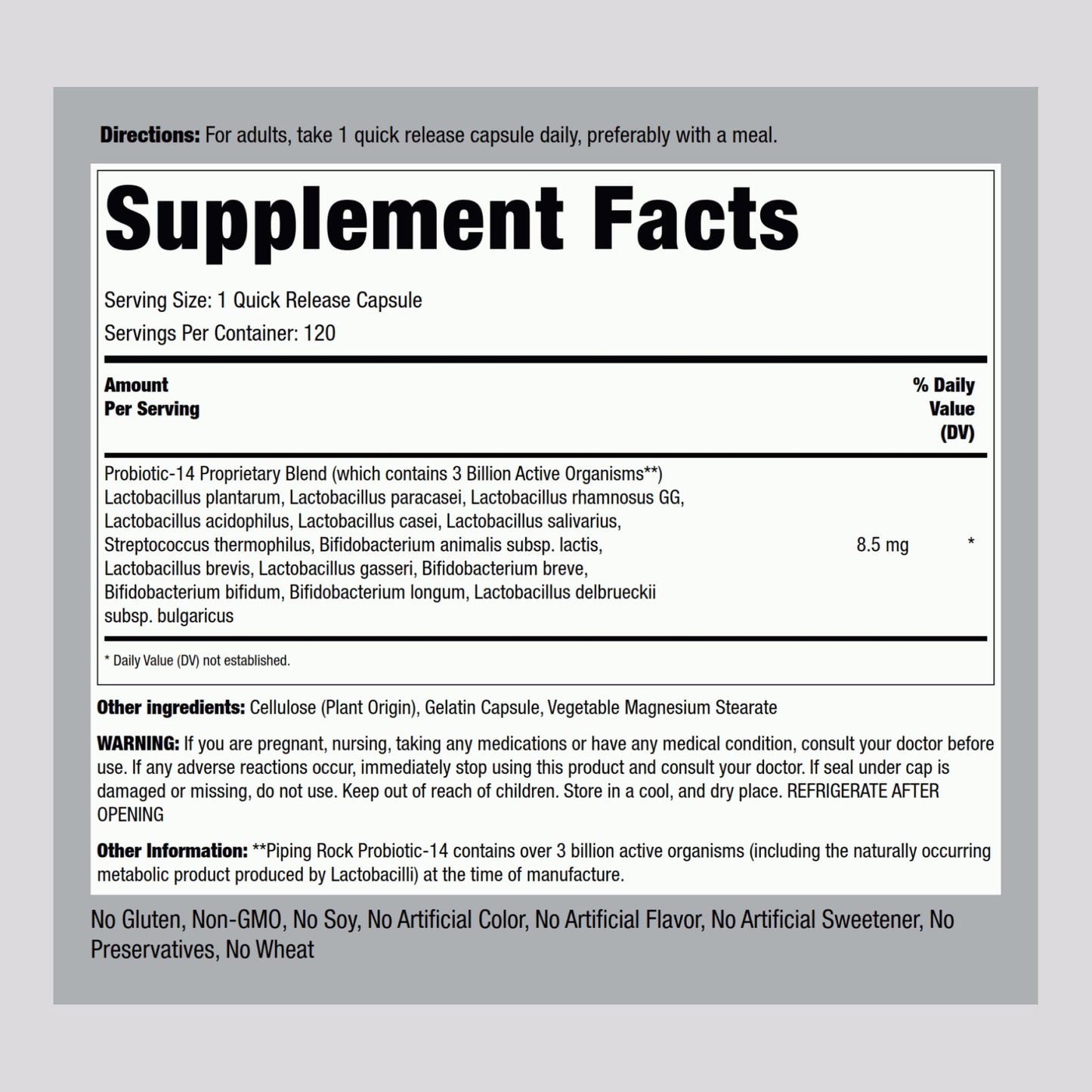 Piping Rock Probiotic Acidophilus Capsules for Women and Men 120 Count