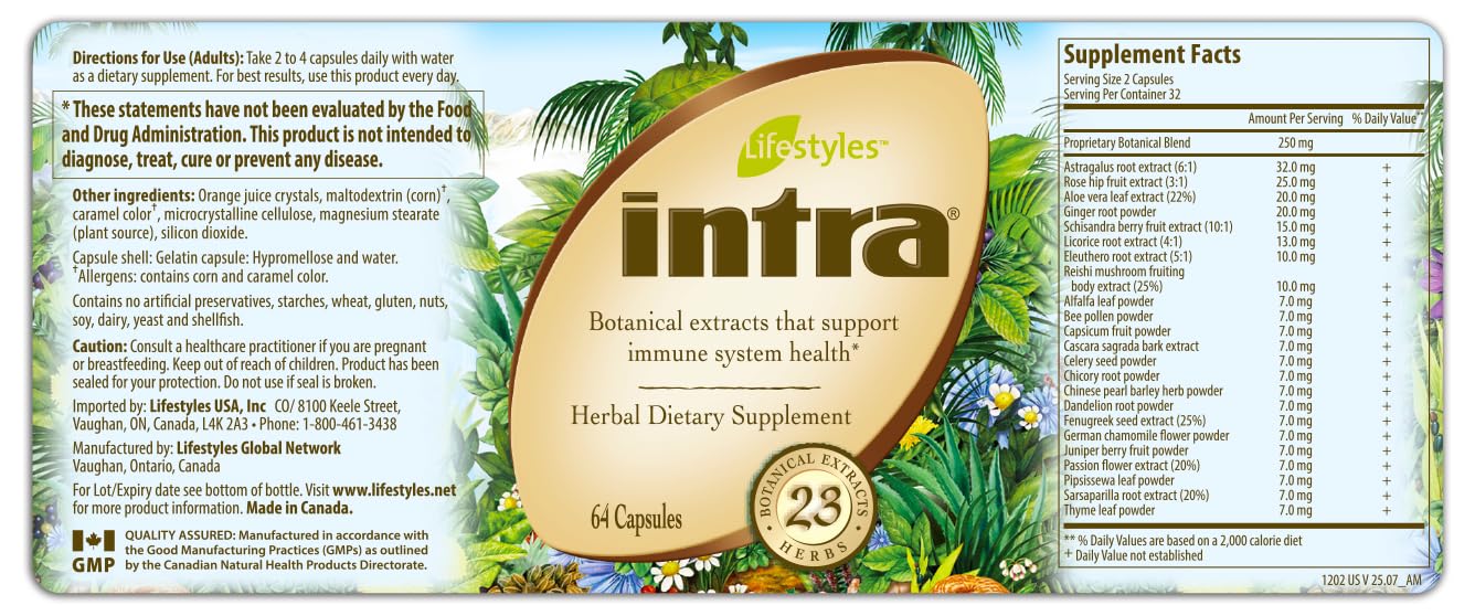 Intra Lifestyles Capsules Herbal Supplement for Immune and Energy Support, 23 Botanical Extracts, Made in Canada, 64 Capsules