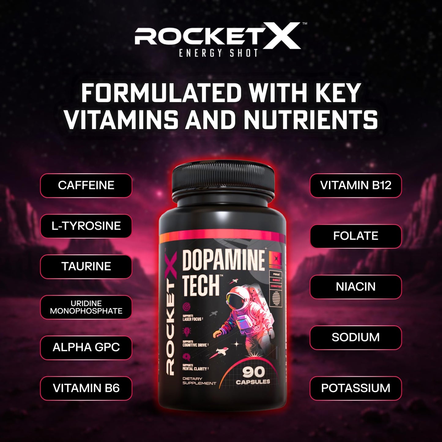 RocketX Energy Dopamine Tech Brain Food Supplement Capsule 90 Capsules