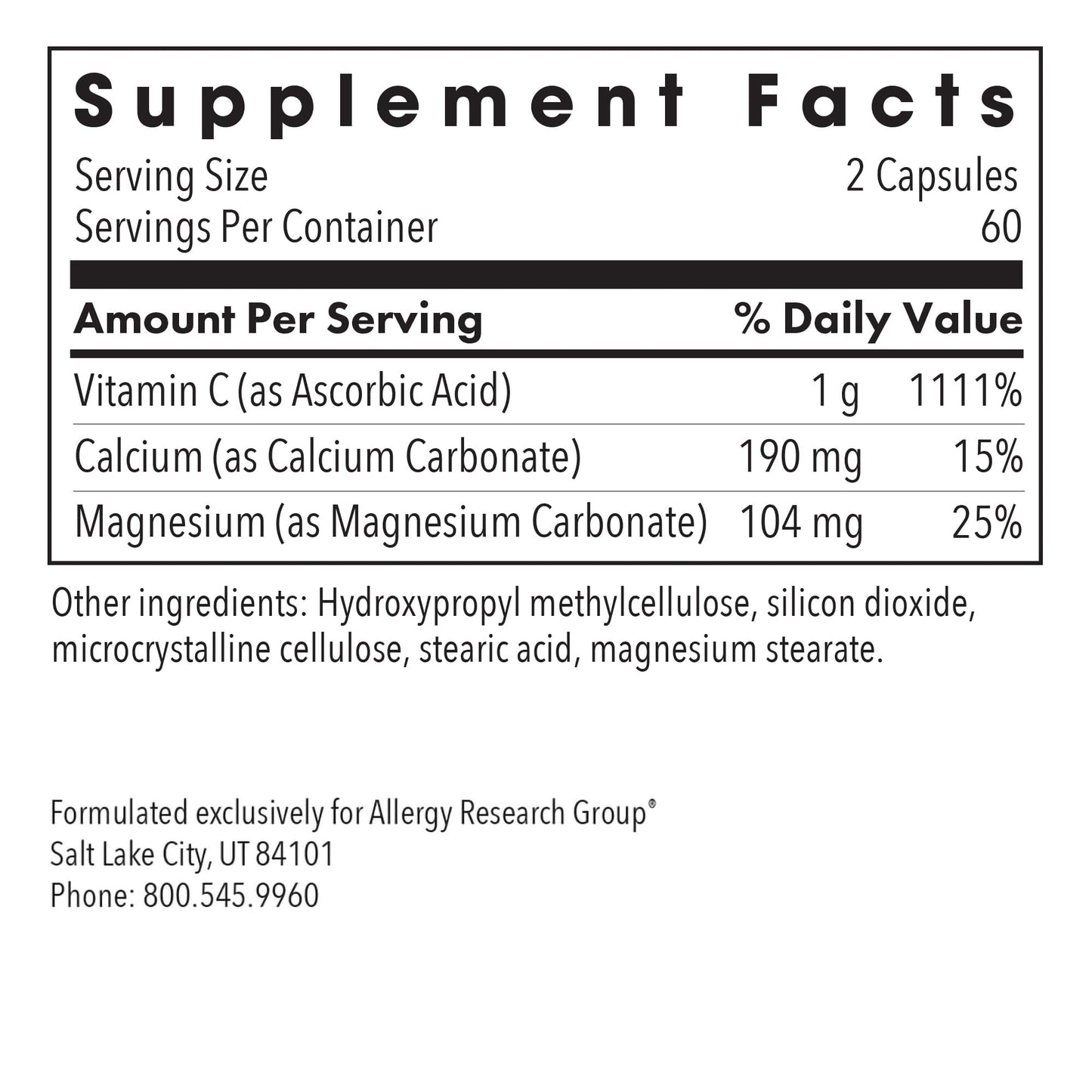 Allergy Research Group ARG Buffered Vitamin C 1000 mg Capsule 120 Count