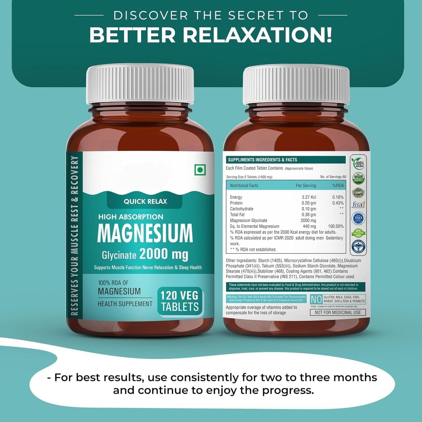 Generic Magnesium Glycinate Supplement 2000mg Per Serving, High Absorption Chelated Form, Helpful in Muscle & Nerve Relaxation, 120 Capsules