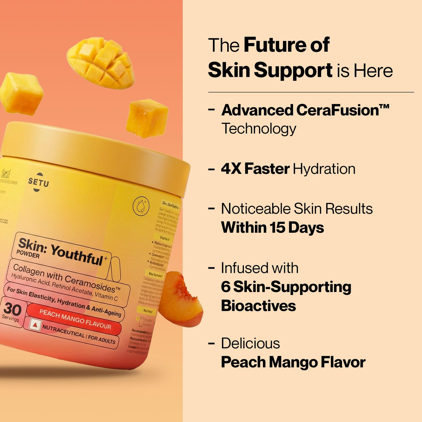 SETU Skin: Youthful with 8g Marine Collagen + Ceramosides for 4X Faster Hydration Collagen Powder, 10.58 oz