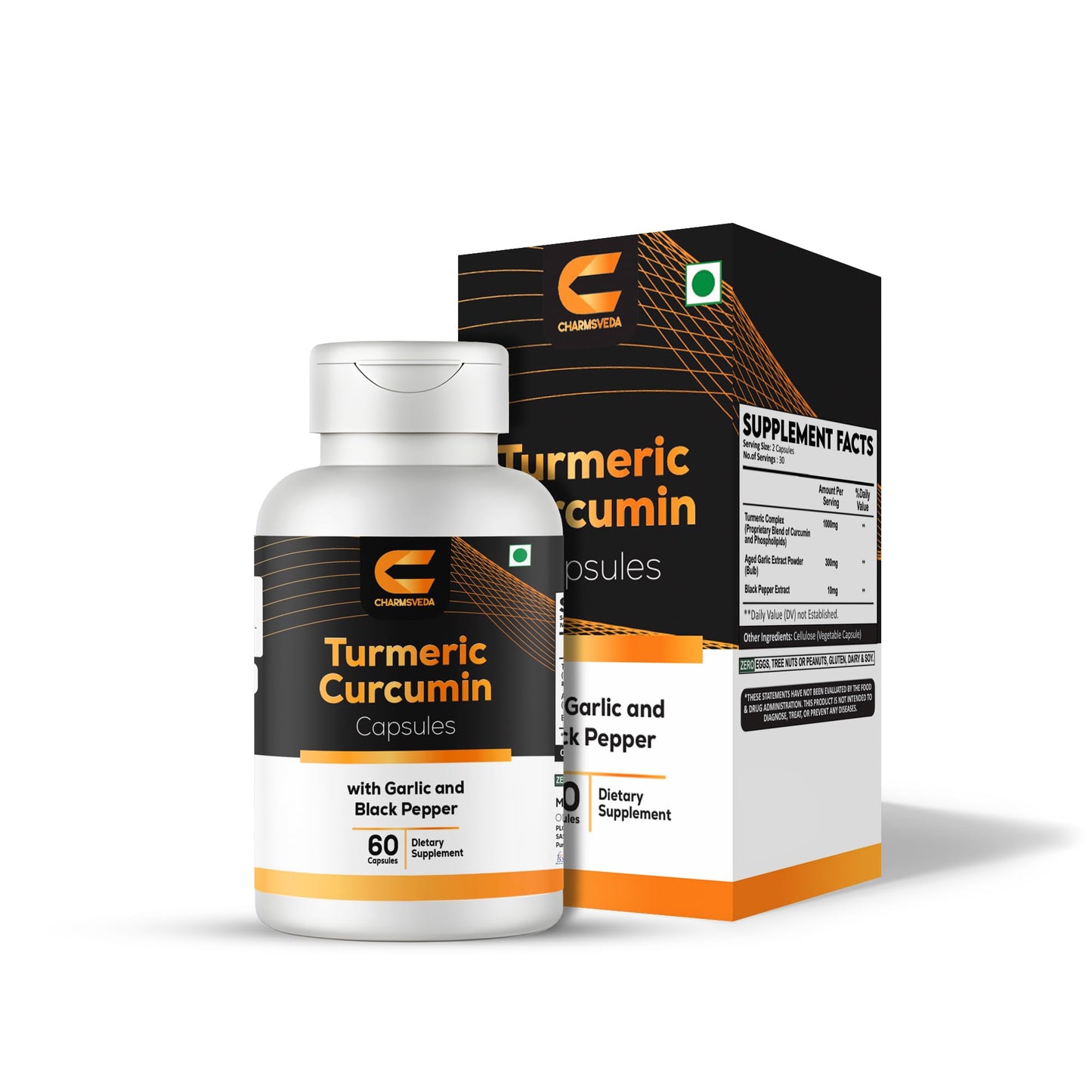 CHARMSVEDA Turmeric Curcumin with Garlic & Black Pepper Extract, 60 Capsules
