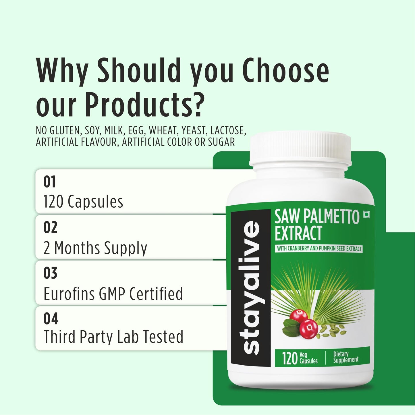 STAY ALIVE Saw Palmetto Extract Capsules, 120 Capsules