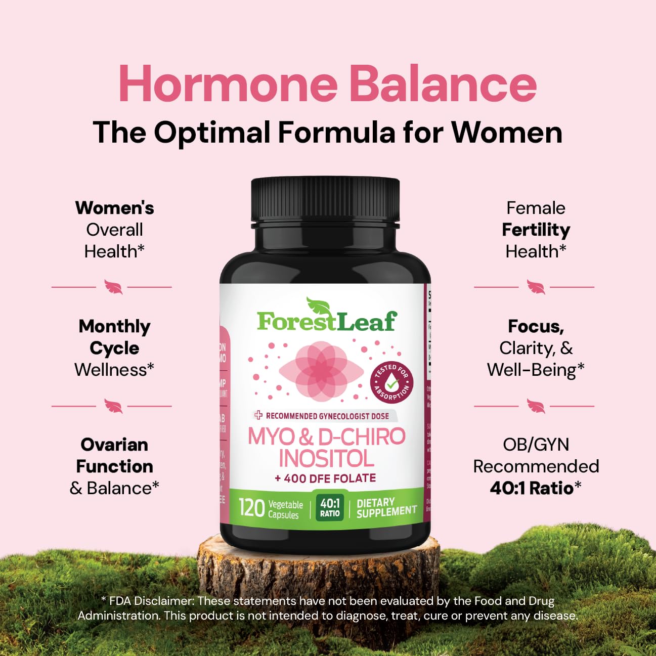 ForestLeaf Myo-Inositol & D-Chiro Inositol Supplement for Women's Health, 40:1 Ratio, 2050mg Capsule, 120 Count
