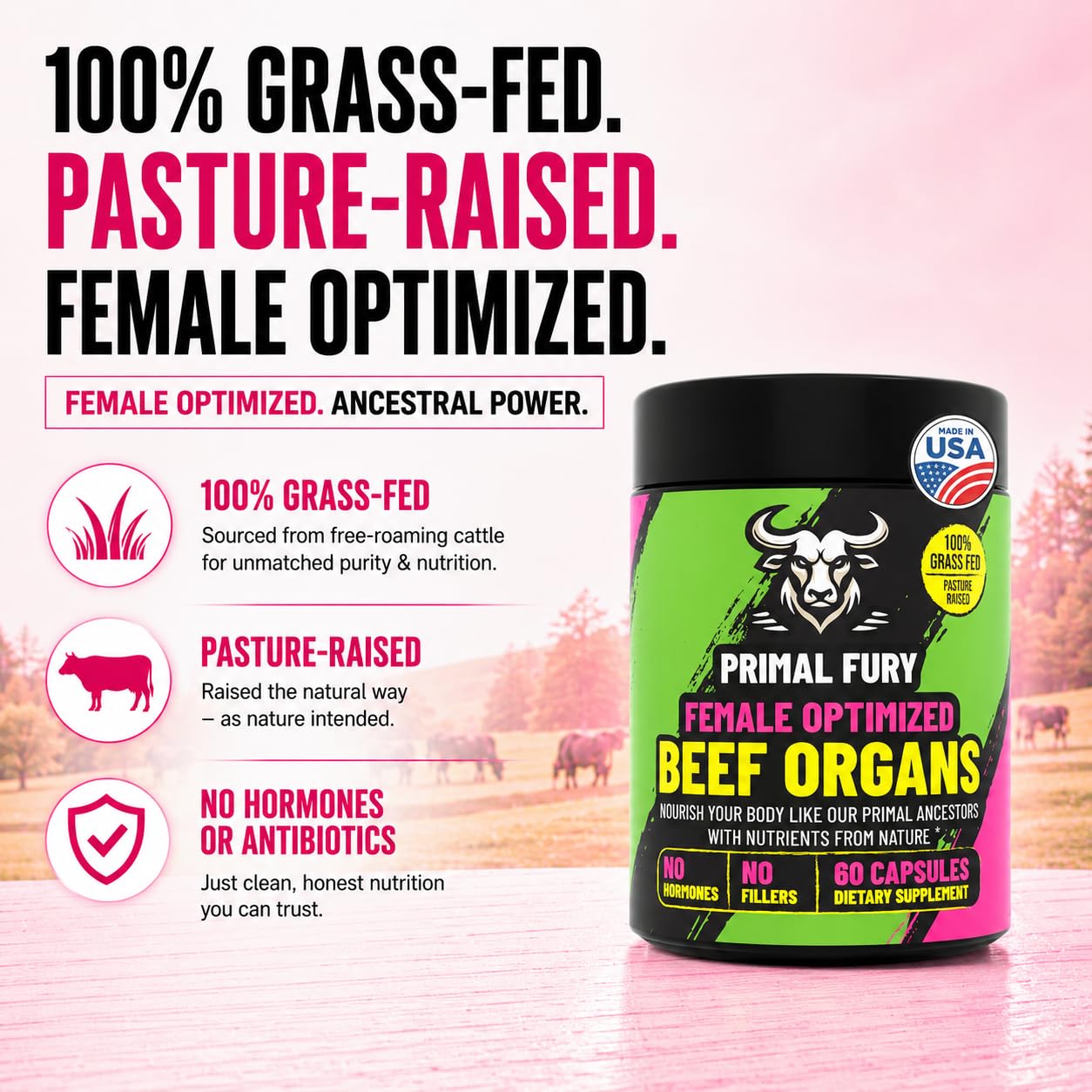 PRIMAL FURY Grass-Fed Beef Organ Supplement for Women, 60 Capsules