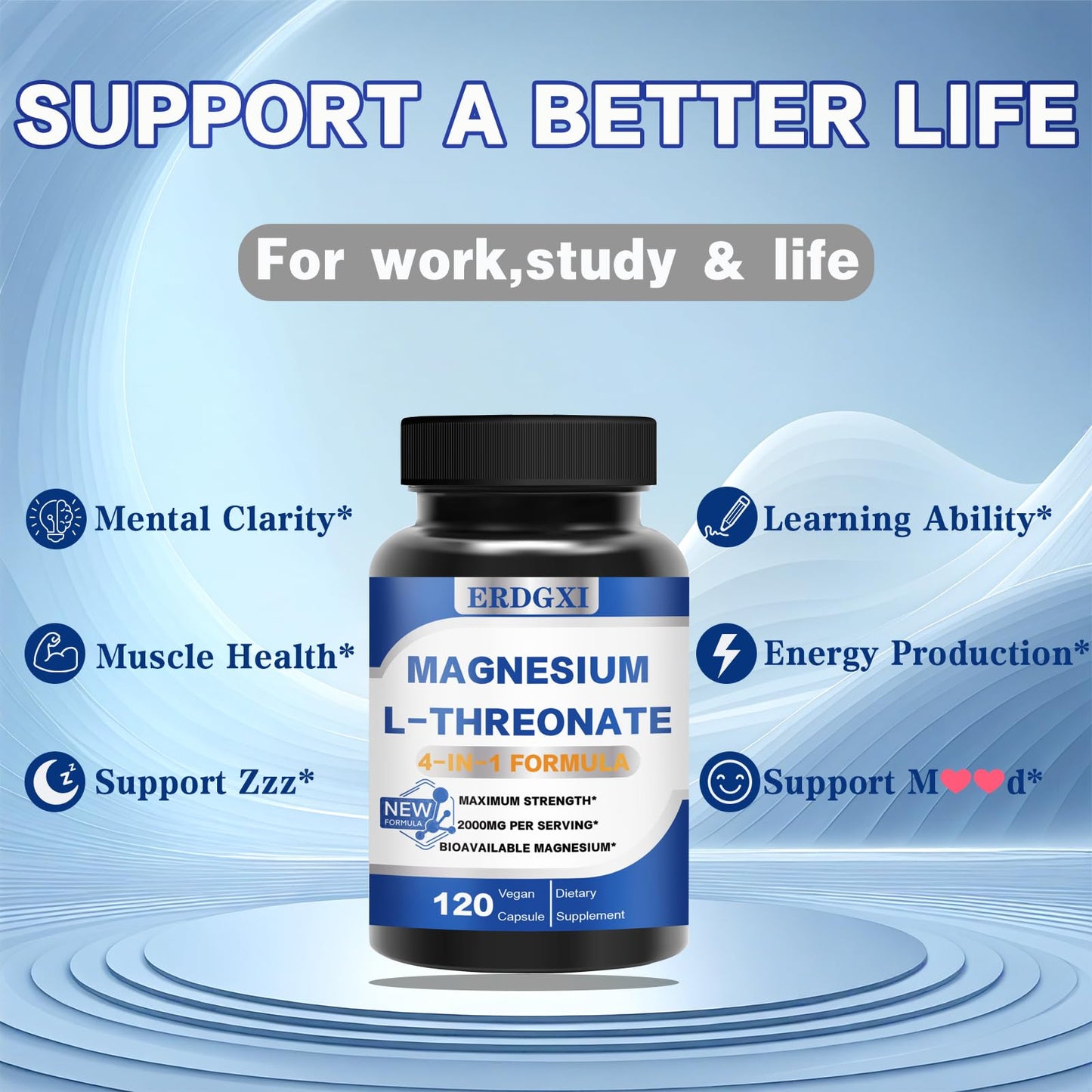 ERDGXI Magnesium L-threonate with Vitamin C & D3 Capsule, 120 Count