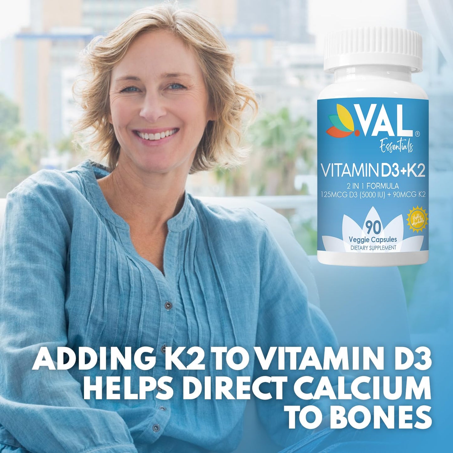 VAL Vitamin D3 + K2 (MK-7) 5000 IU & 90 mcg, Bone & Heart Health Support, 90 Vegan Capsules