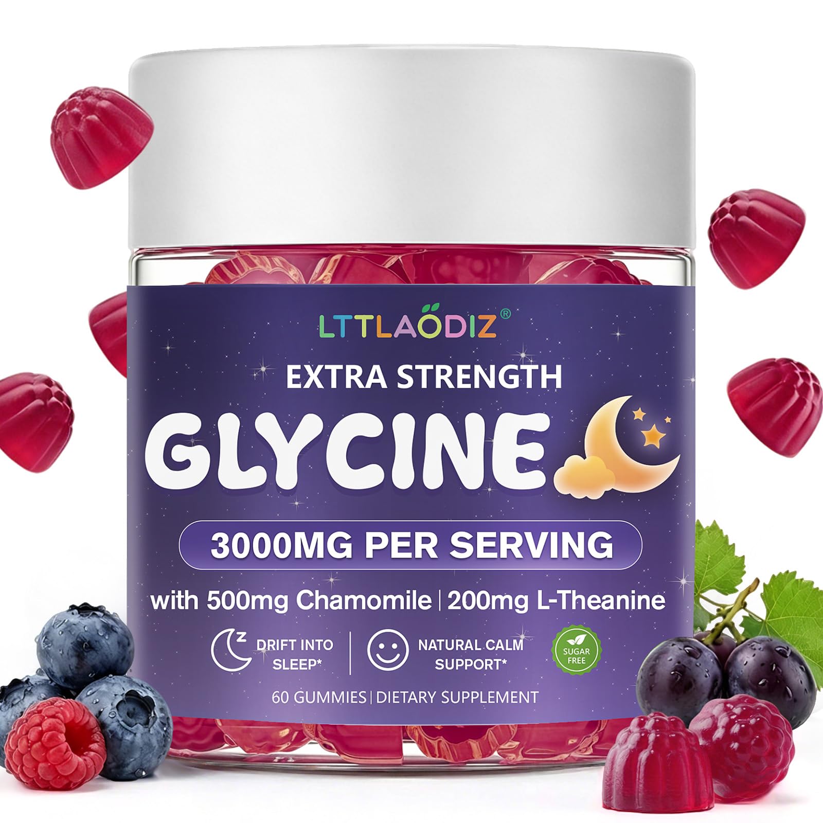 LTTLAODIZ Glycine Gummies, 3000mg Glycine with Chamomile and L-Theanine, 60 Count