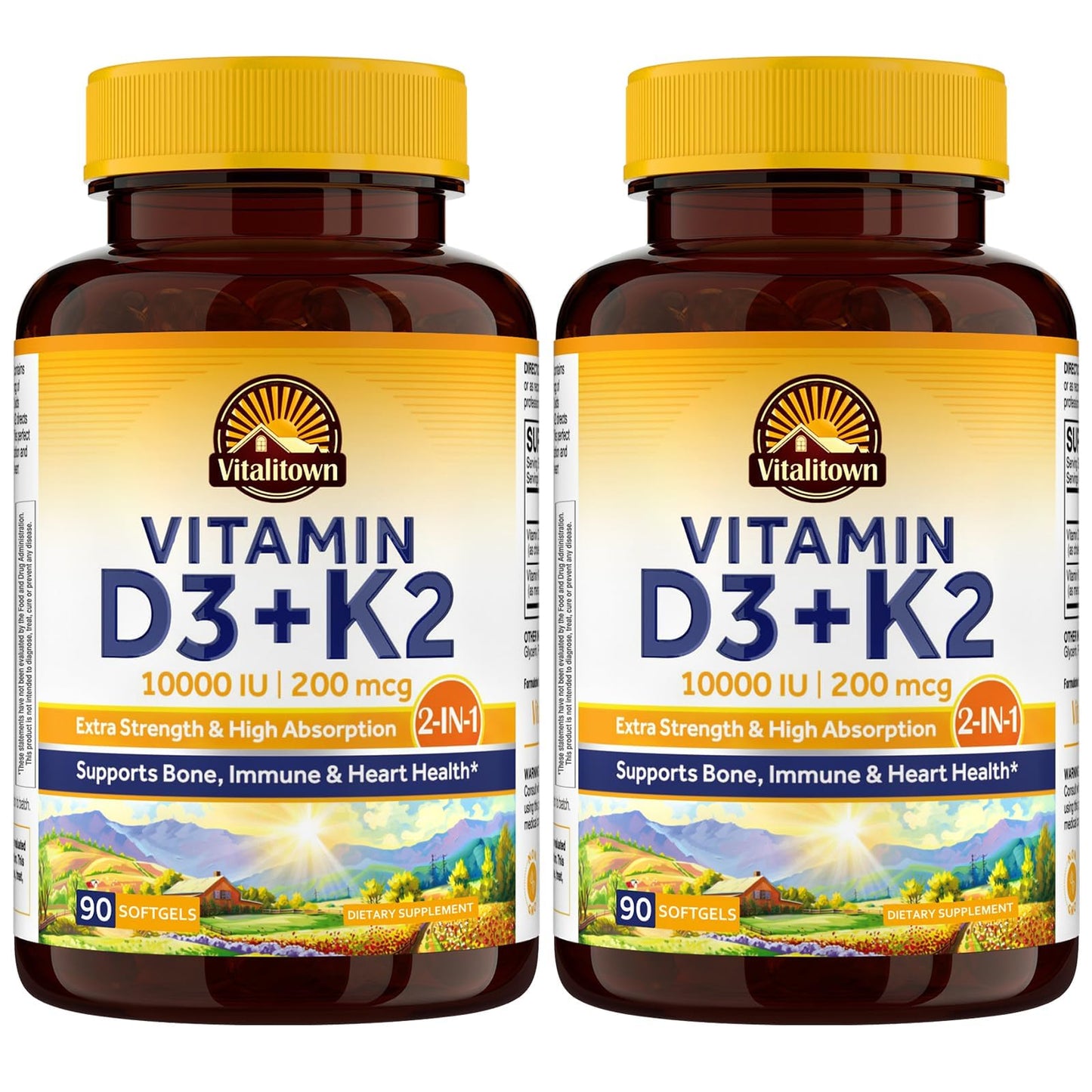 Vitalitown Vitamin D3 K2, D3 10000 IU, K2 (MK7) 200mcg Softgels 180