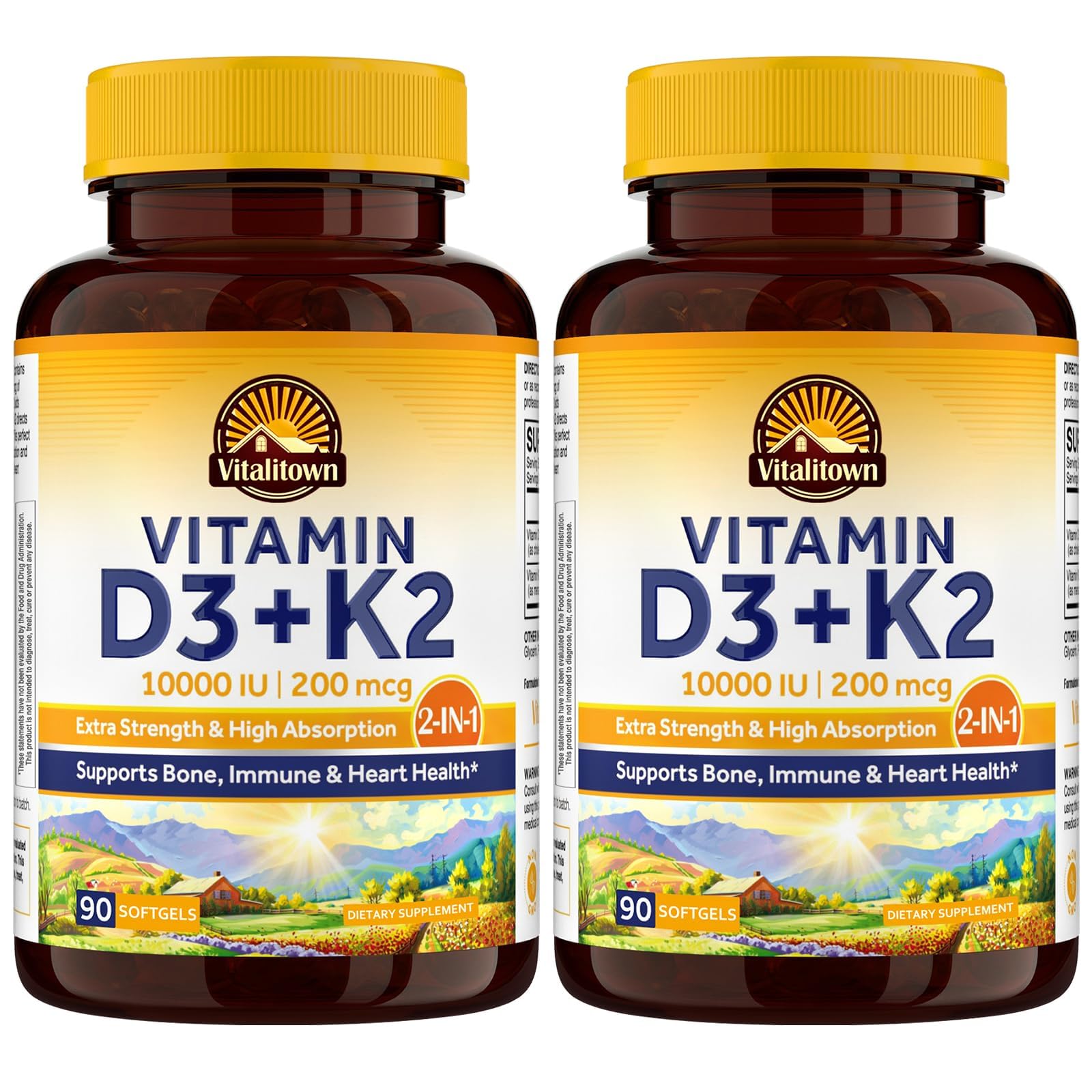 Vitalitown Vitamin D3 K2, D3 10000 IU, K2 (MK7) 200mcg Softgels 180