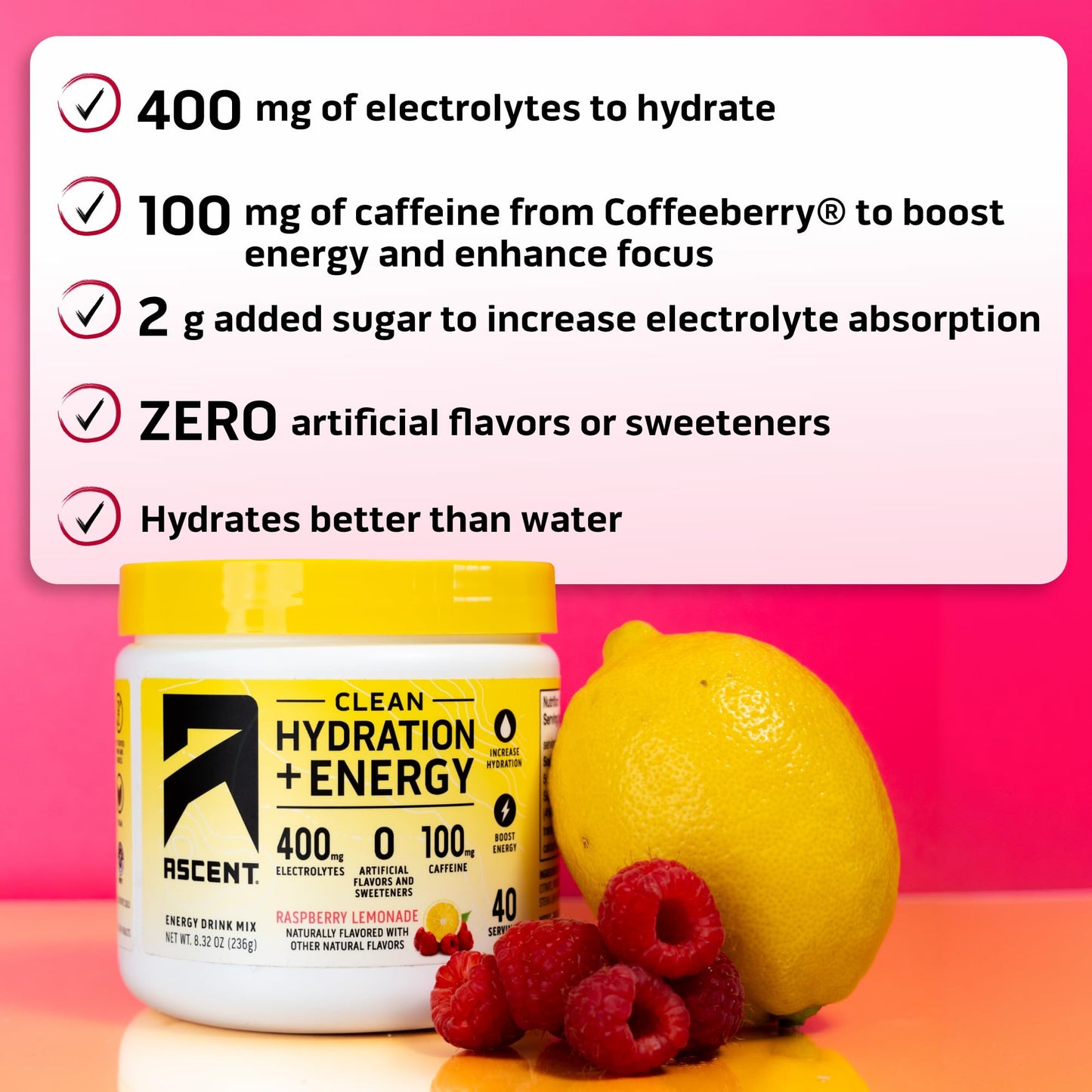 Ascent Clean Hydration + Energy Electrolytes Powder 8.32 Ounce, 40 Servings