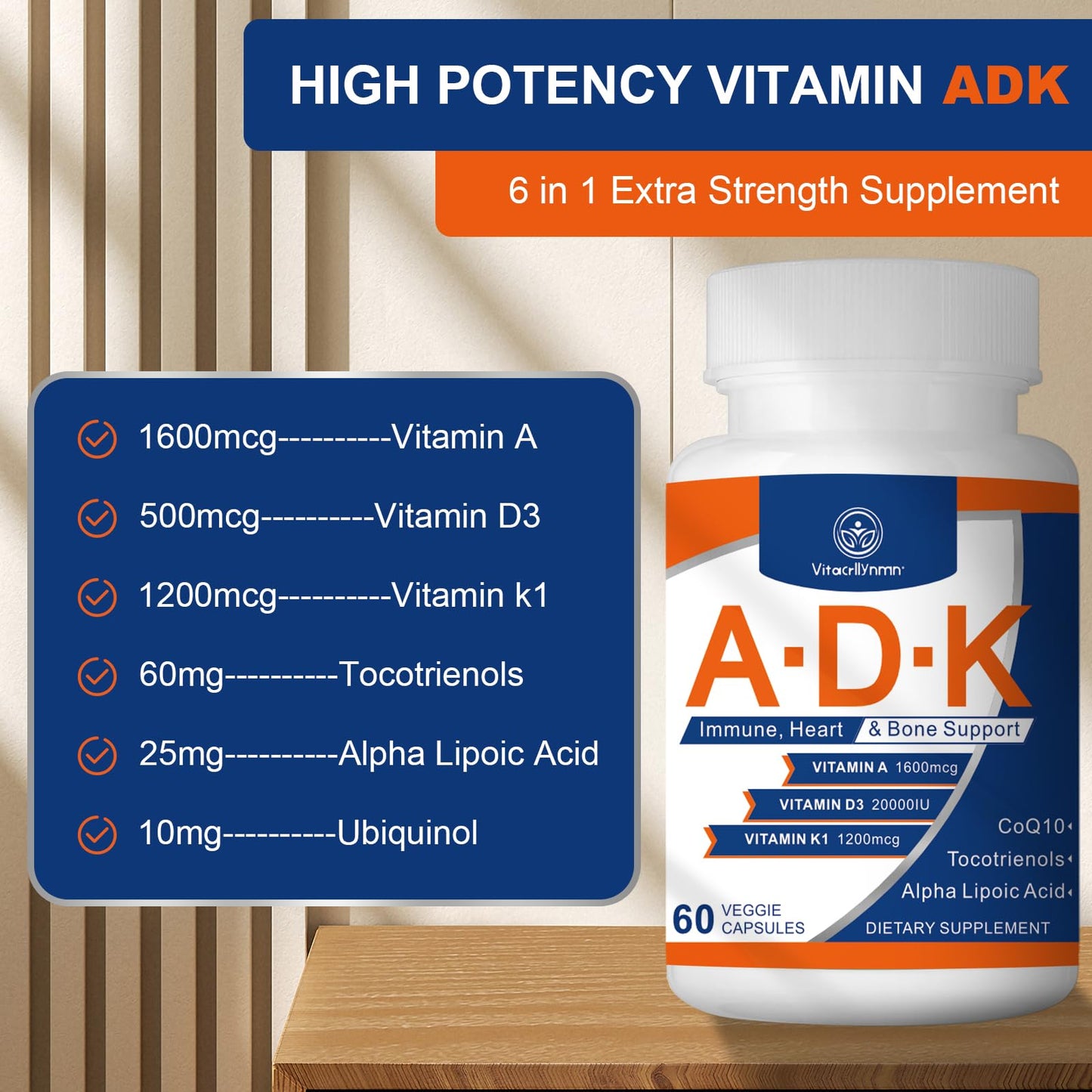 VITACRLLYNMN ADK Vitamin Supplement 20000 IU Capsules, 60 Count