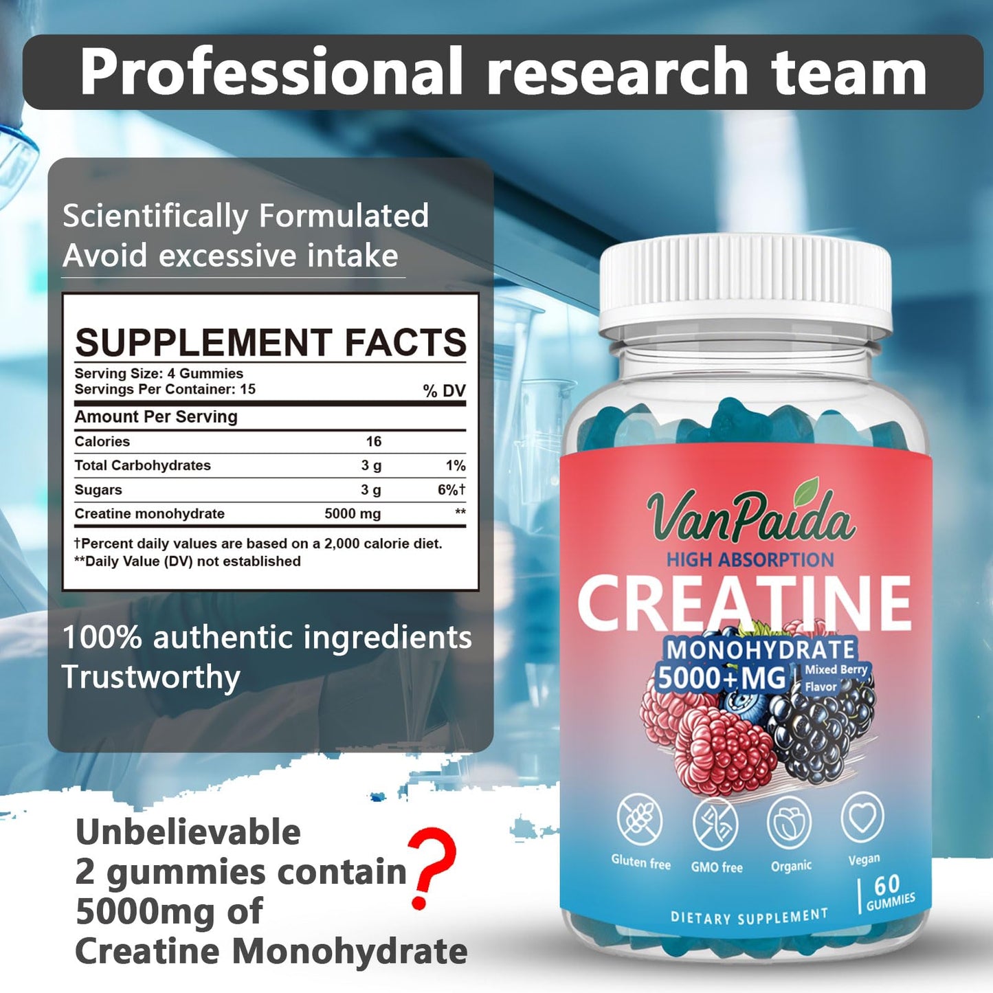 Van Paida Creatine Gummies Monohydrate Chewable 60 Count
