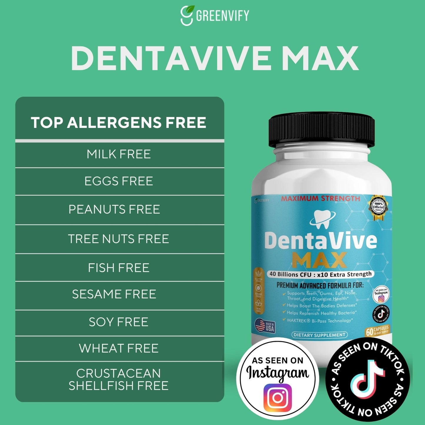 GREENVIFY DentaVive Max Probiotic Supplement Capsule, 60 Capsules