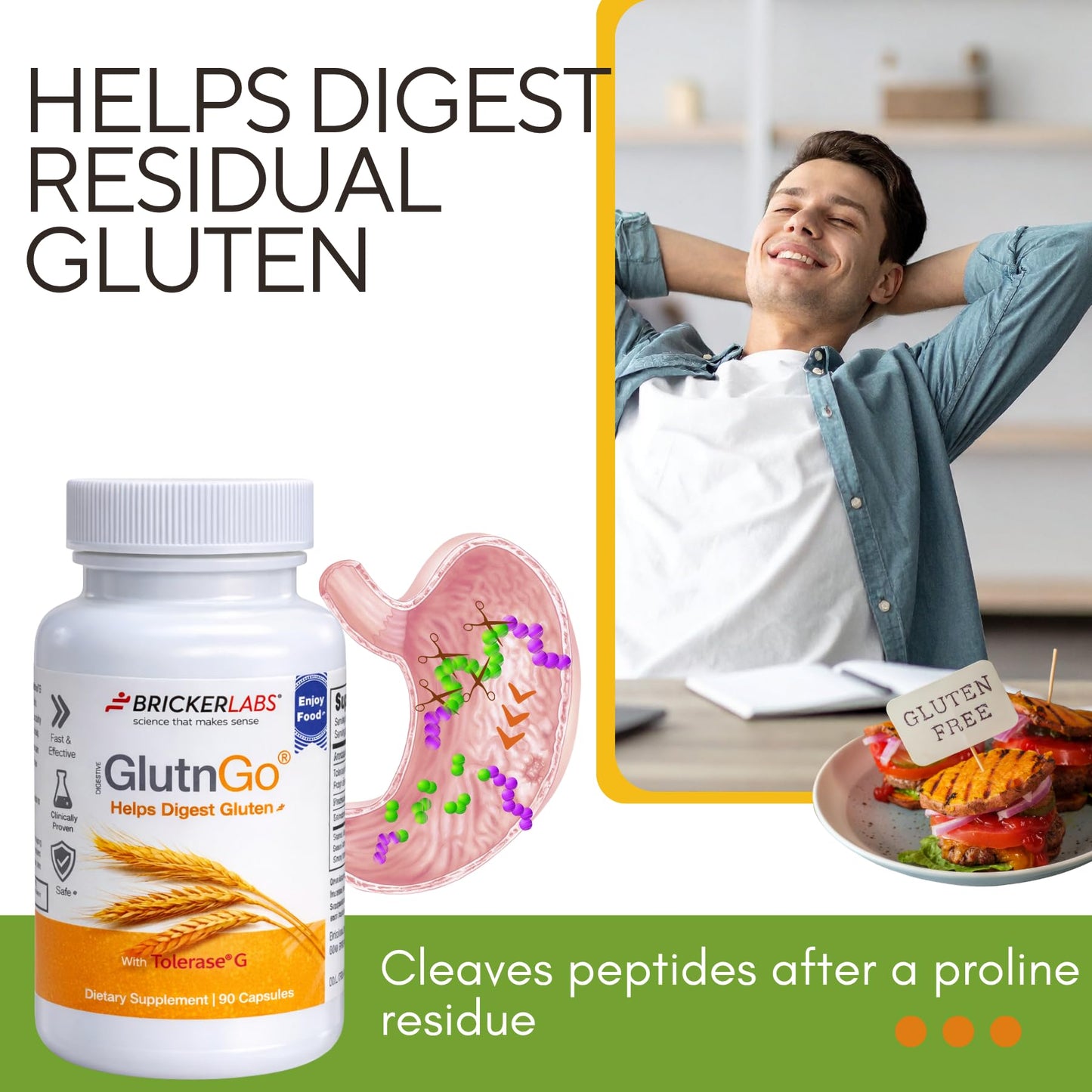Bricker Labs GlutnGo Gluten Digestive Enzyme with Tolerase G 100mg Capsules, 90 Count
