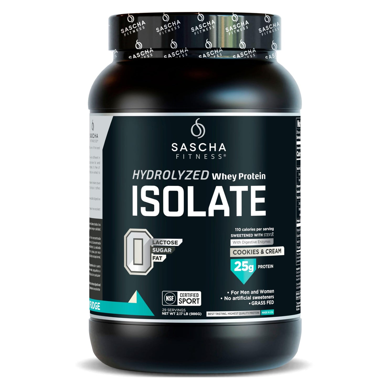 SASCHA FITNESS Hydrolyzed Whey Protein Isolate Powder, 100% Grass-Fed, Cookies & Cream, 2 Pounds